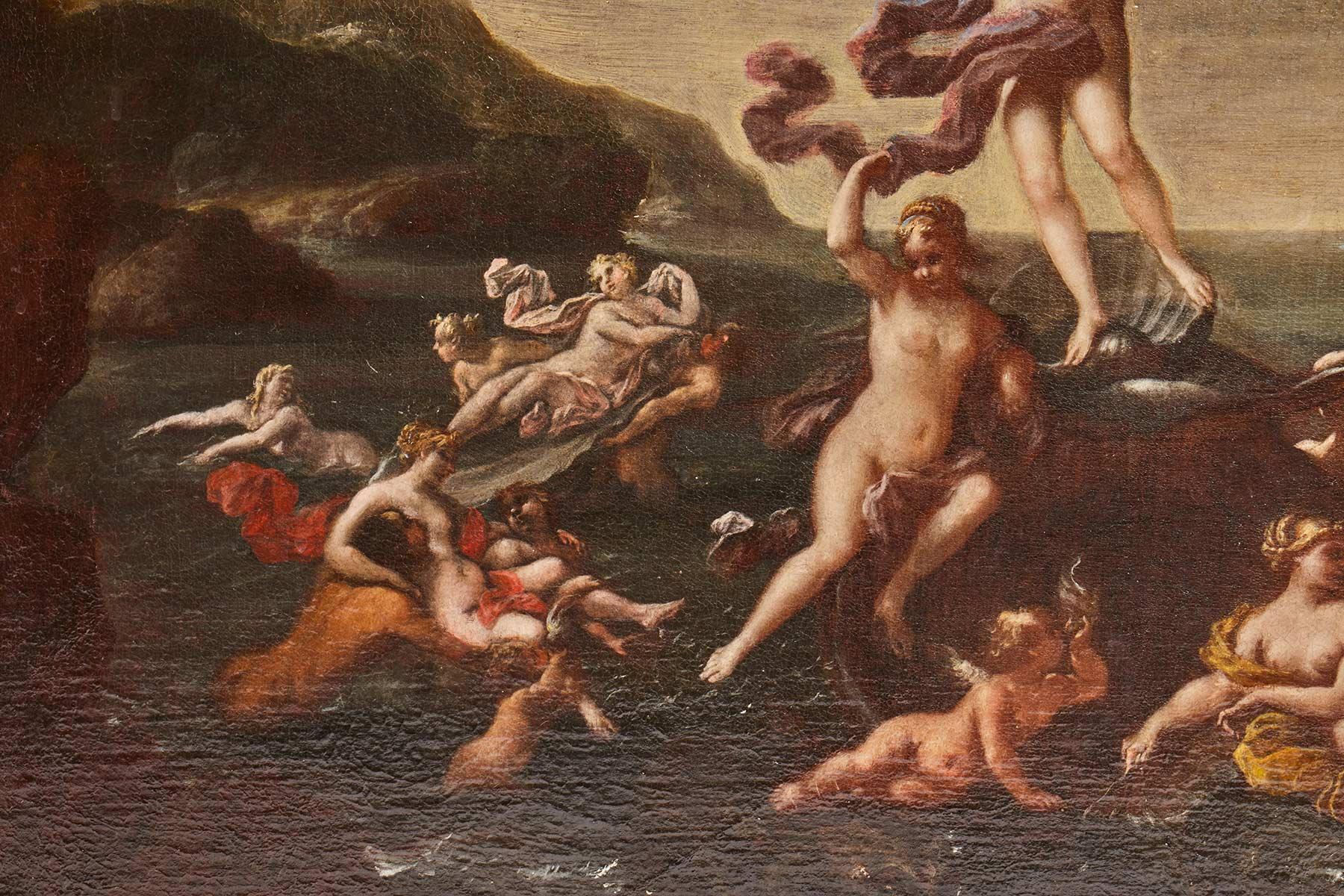 18th Century Oil on canvas by Francesco Perezzoli: the birth of Venus, Italy 1700.  For Sale