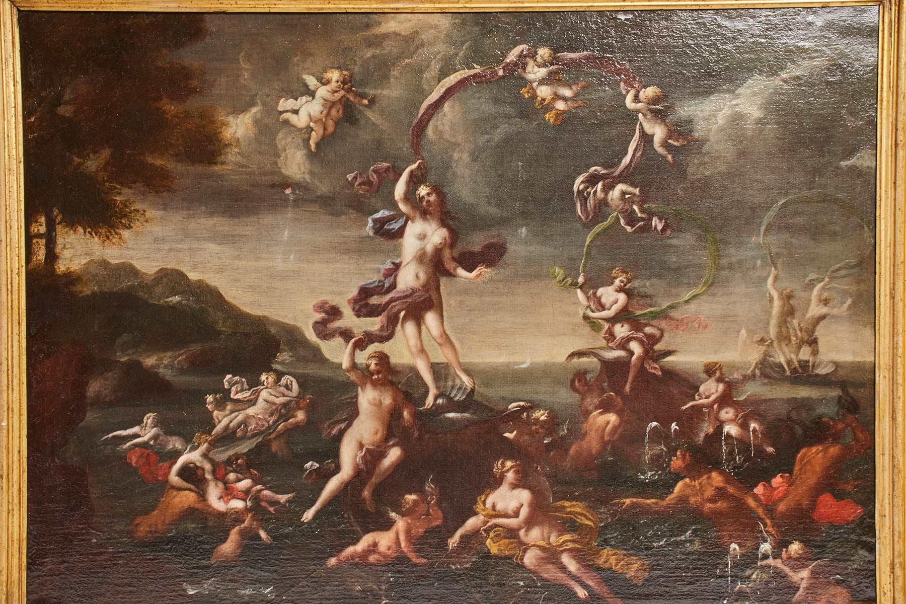 Canvas Oil on canvas by Francesco Perezzoli: the birth of Venus, Italy 1700.  For Sale