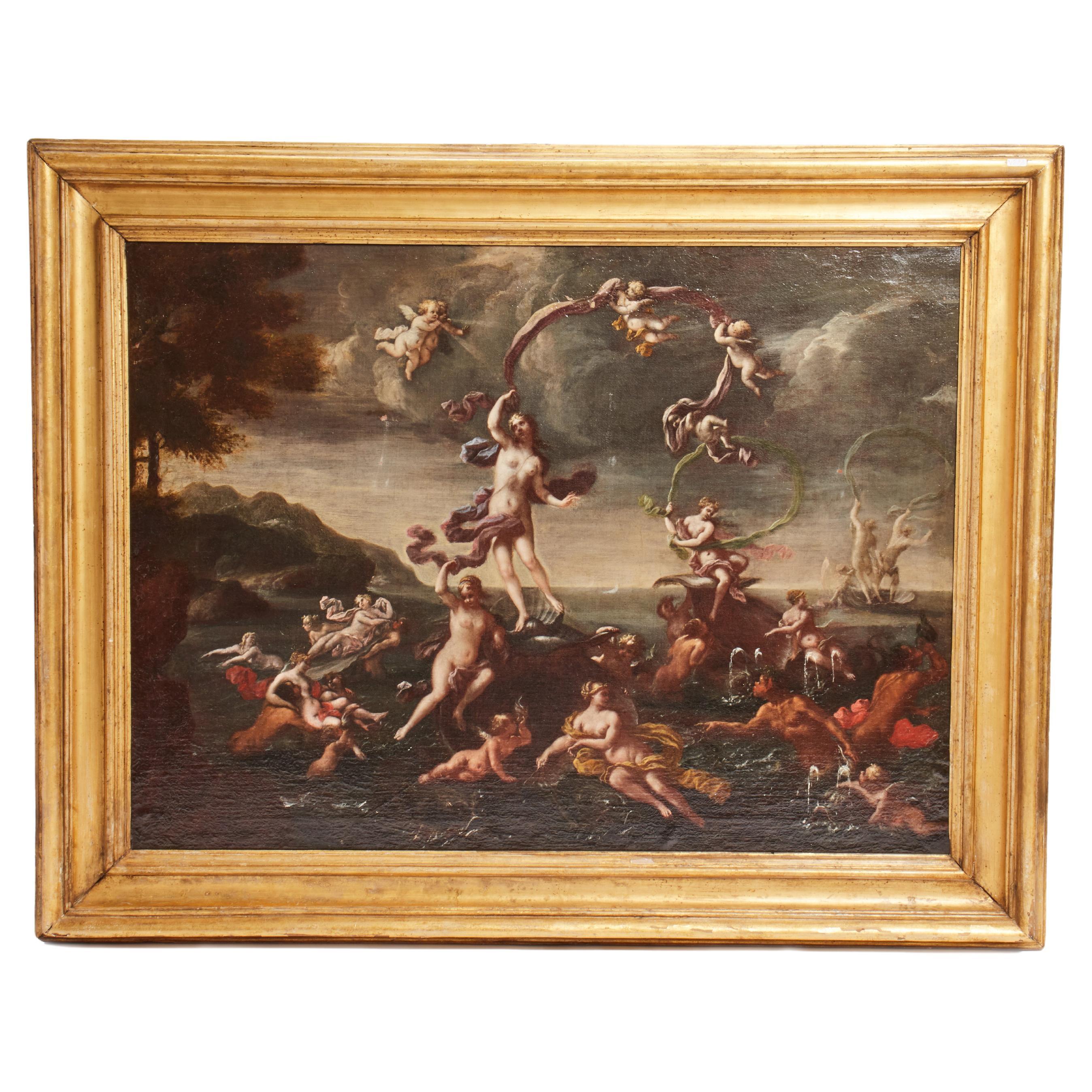 Ölgemälde auf Leinwand von Francesco Perezzoli: Die Geburt der Venus, Italien 1700. 