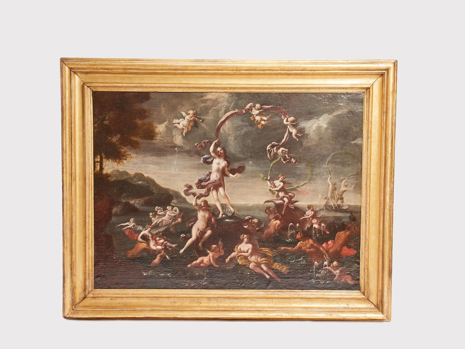 Huile sur toile du nord du début du XVIIIe siècle de Francesco Perezzoli (1661-1722), représentant la Naissance de Vénus. L'œuvre est logée dans un cadre d'époque en bois doré, lisse dans son profil incurvé et aux contours fluides. Cette scène