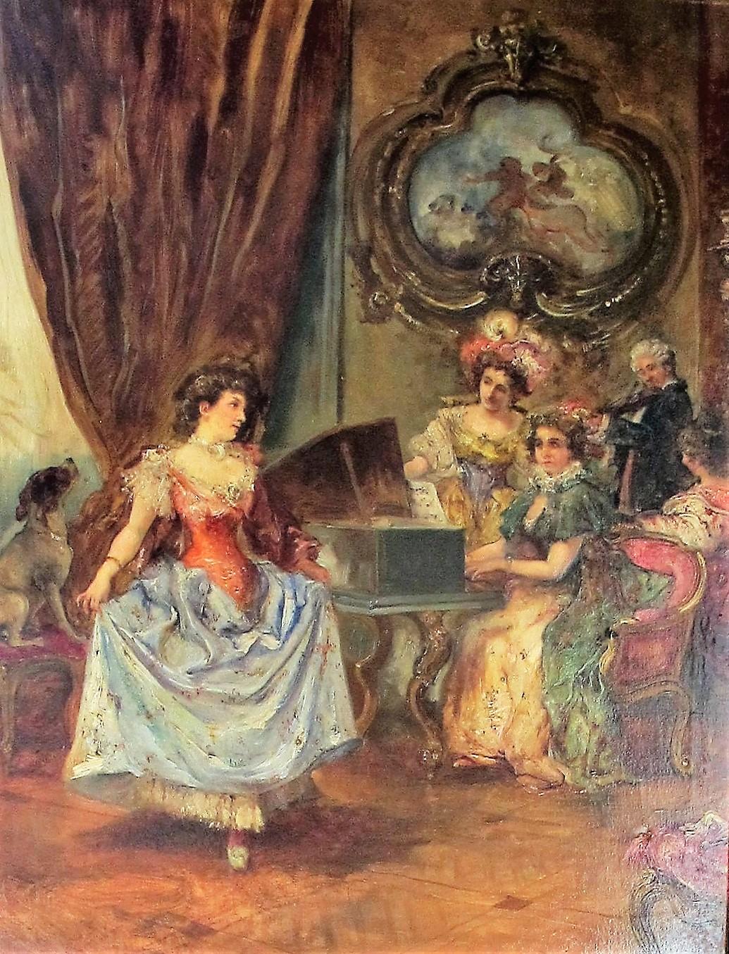 Oil on canvas representing a music scene in a living room with several characters. The sensuality of the painting is reinforced by the representation, in the foreground, of a young woman dancing. The music symbolizes the passing moment and
