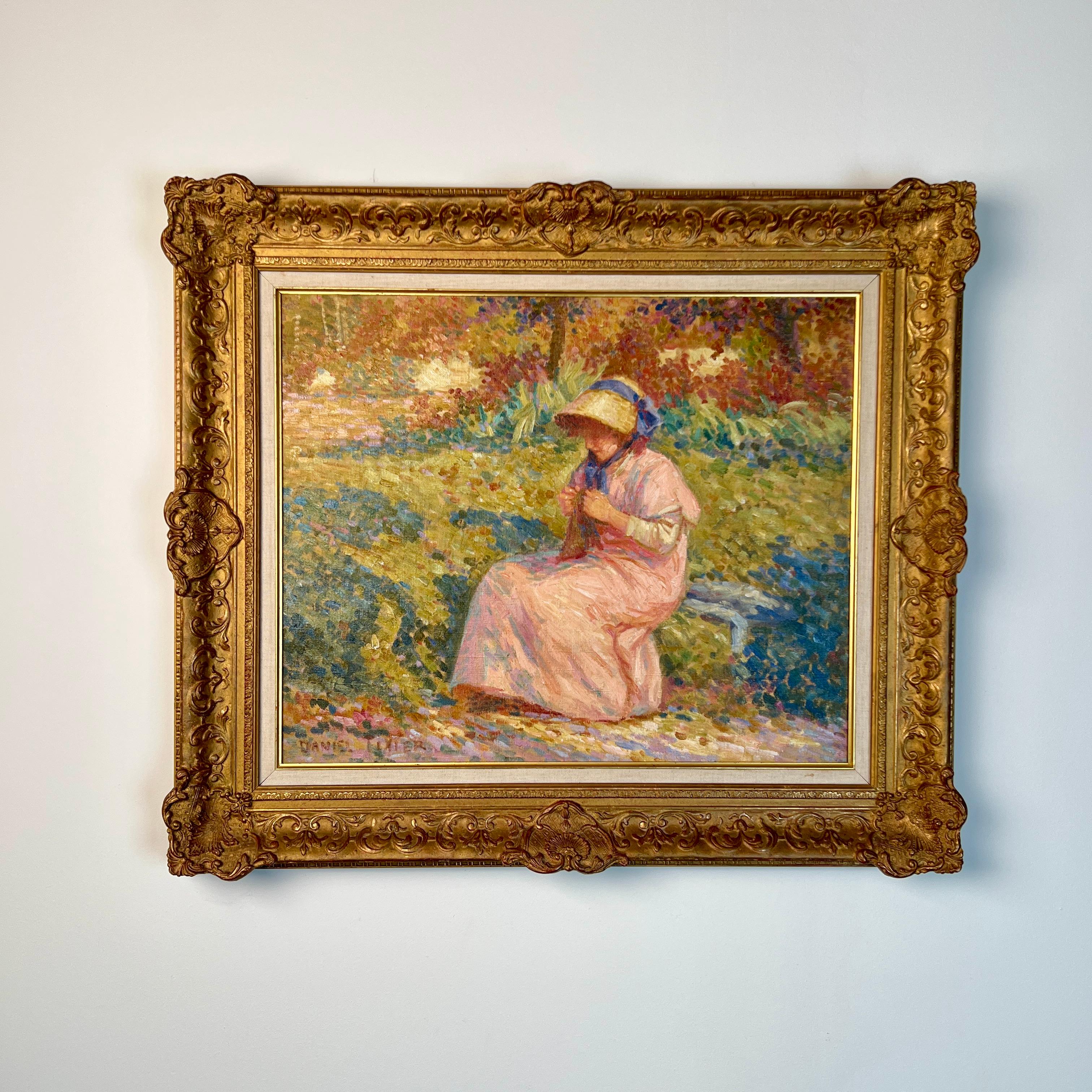 Ein bezauberndes Ölgemälde des französischen Pointillisten Daniel Tixier

Dieses reizvolle Werk des französischen Pointillisten Daniel Tixier strahlt mit leuchtendem Licht und kräftigen Farben. Die Szene zeigt eine junge Frau auf einer üppigen
