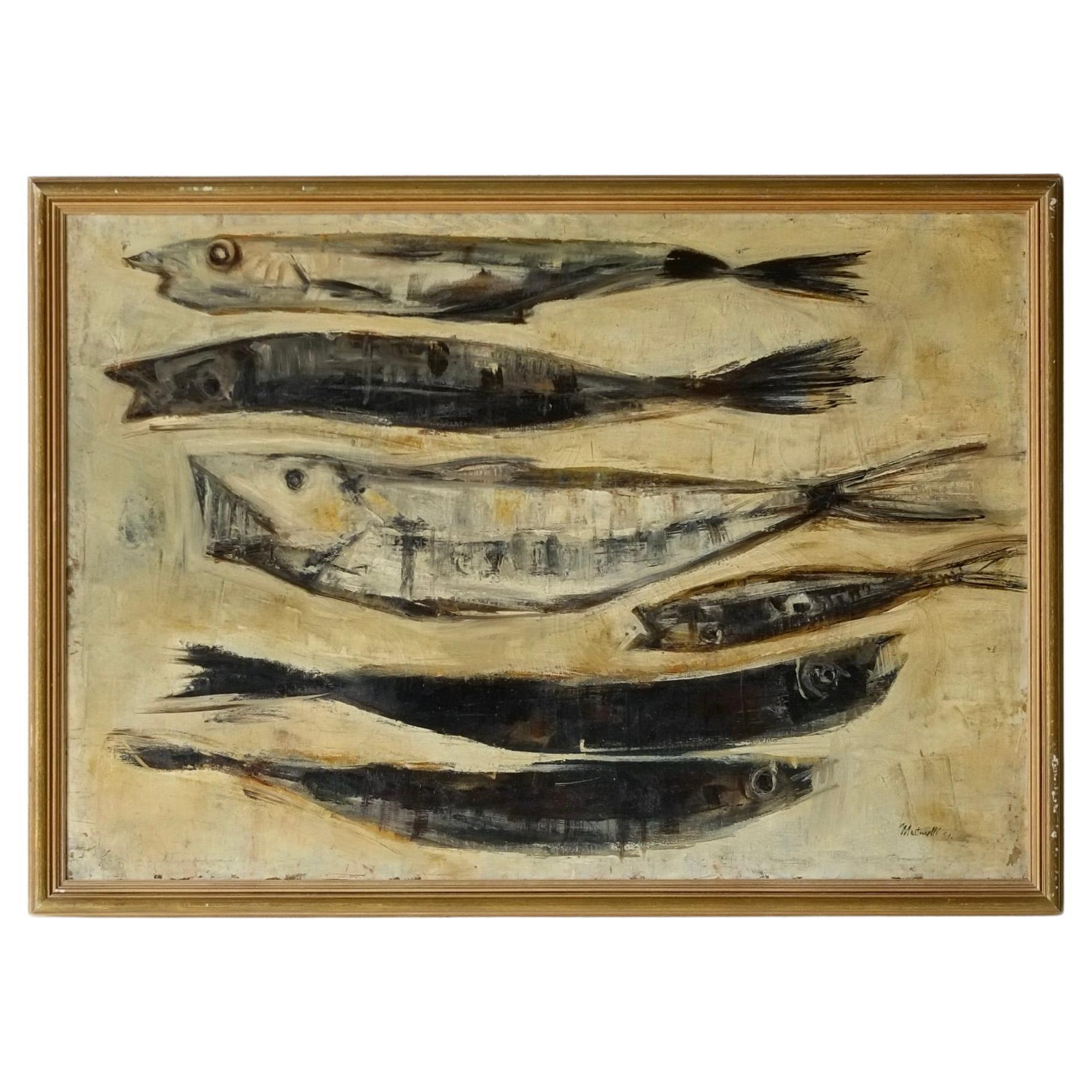 Oil On Canvas By Giuseppe Martinelli (1930-2016) - Fish On The Beach, 1957