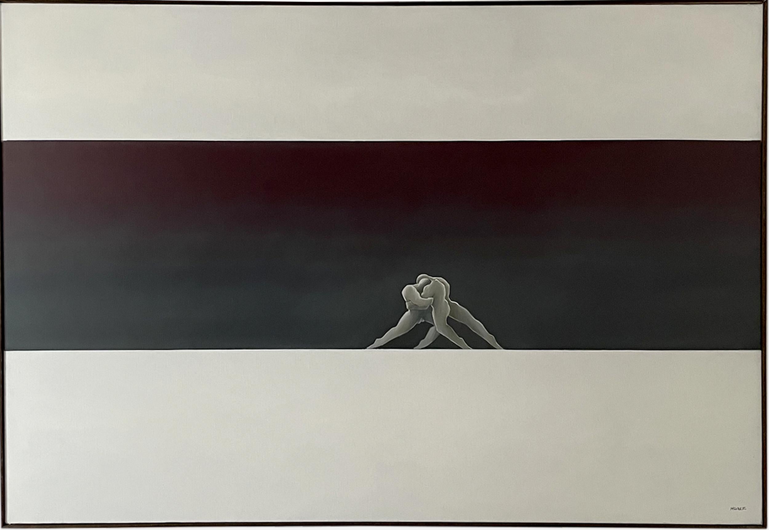In this painting, Henri Morez expresses his fight against the violence of the world in a more realistic way than he often does by depicting two bodies fighting each other, powerful, crying out for truth and strength.

The dejection often depicted by