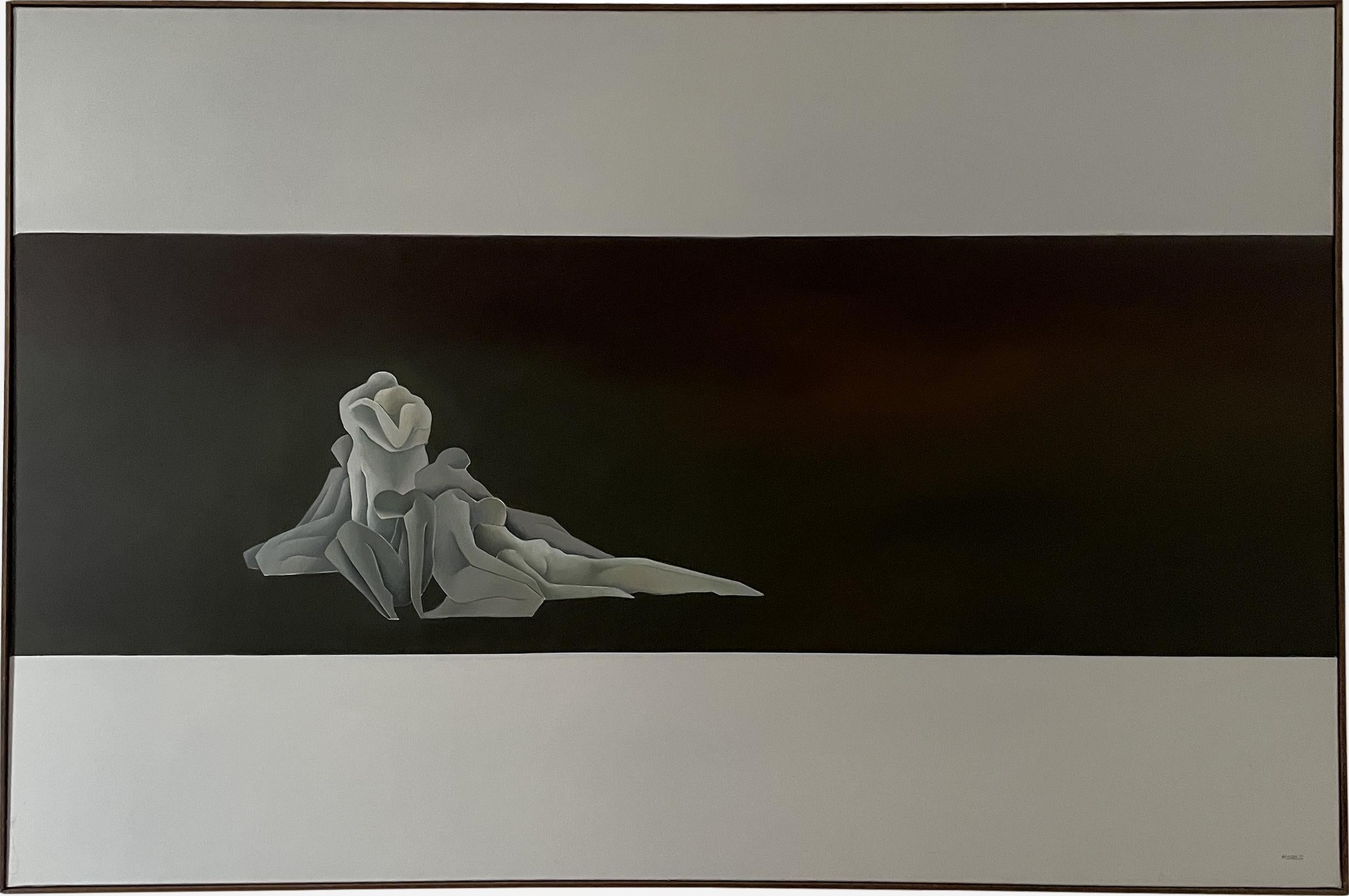 Henri Morez in this large-scale canvas expresses his usual themes: solitude, emptiness, helplessness, suffering.

The lasciviousness of the bodies testifies to their abandonment, their helplessness, despite their number. The artist constructed the