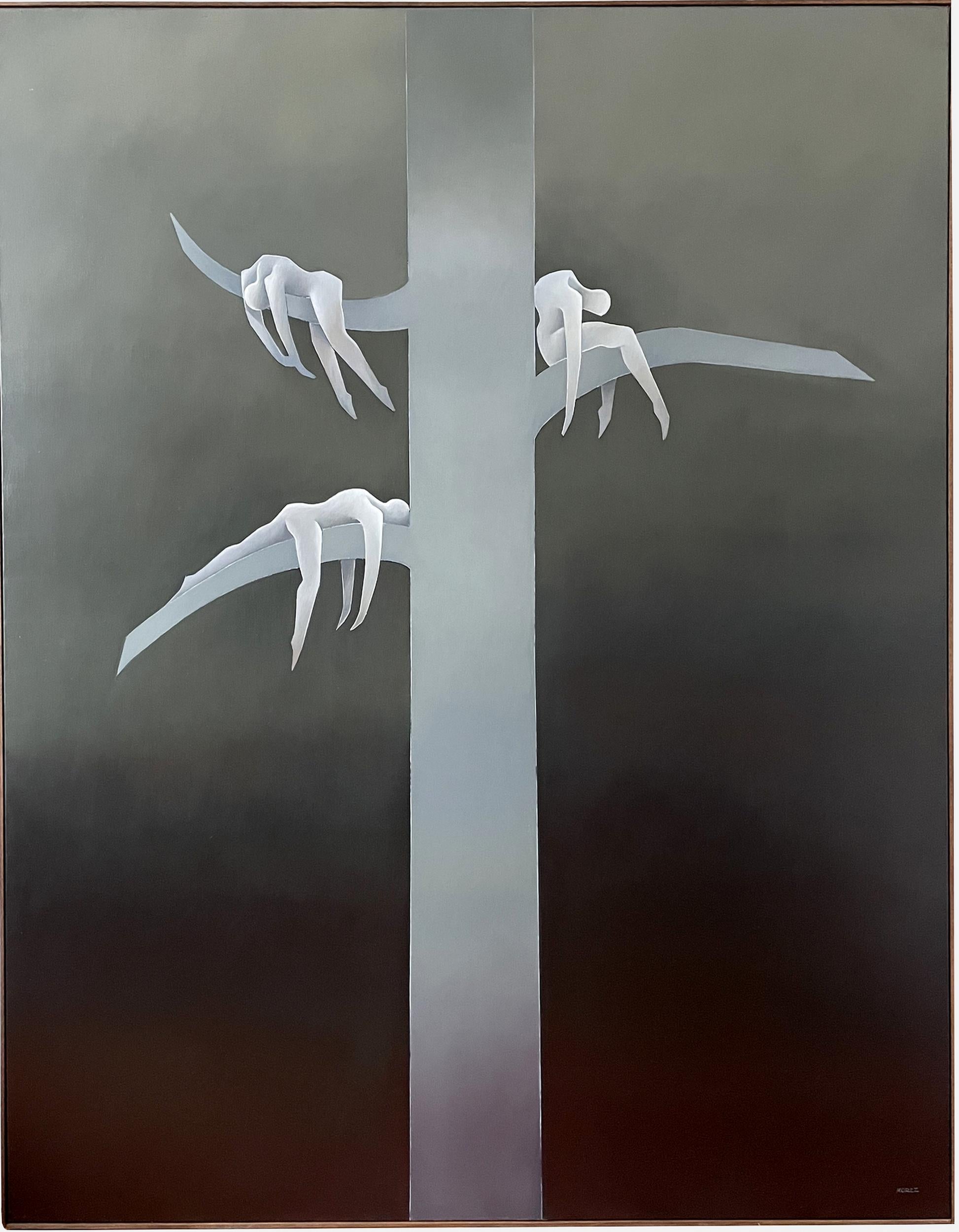 This very large painting expresses the universe of Henri Morez particularly well: the solitude of beings, far from each other, the emptiness with these naked bodies, with refined shapes, perched on lifeless branches, the helplessness and the