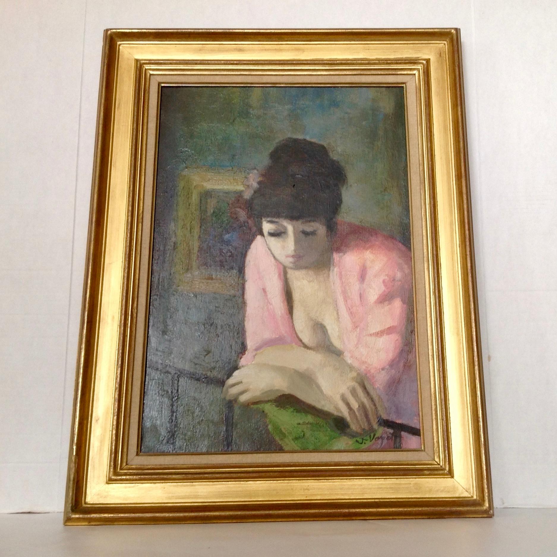 A fine study of a pensive young lady leaning on a railing and gazing downward.
The painting bears a label from ga lerie Stiebel 32 Ruede Seine, Paris.
Overall size with frame 21.5