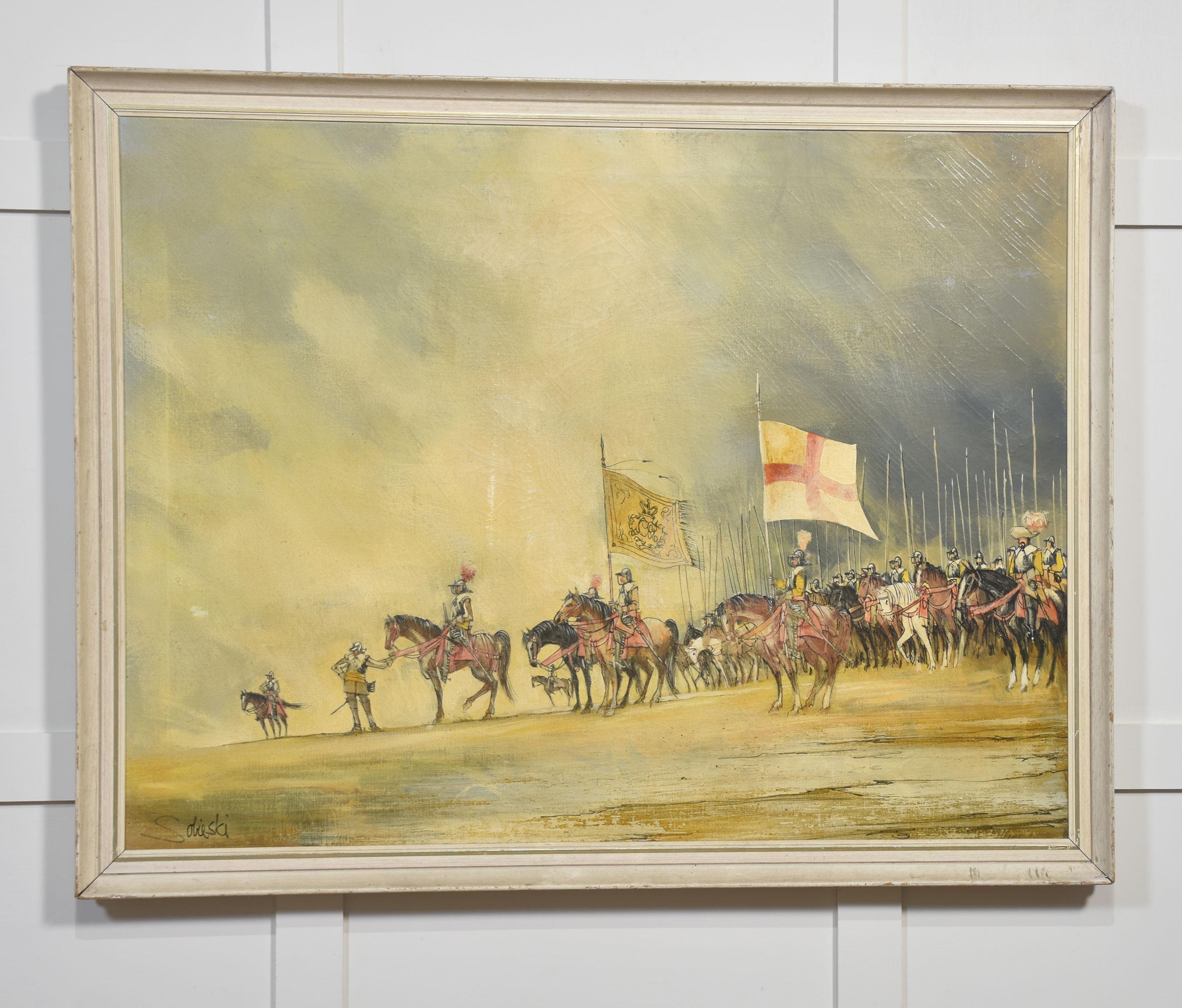 Questo suggestivo dipinto a olio di Jean Sobieski cattura una drammatica scena storica di cavalleria resa nel suo caratteristico stile impressionistico. Un reggimento di soldati a cavallo, vestiti con armature d'epoca e con stendardi reggimentali,