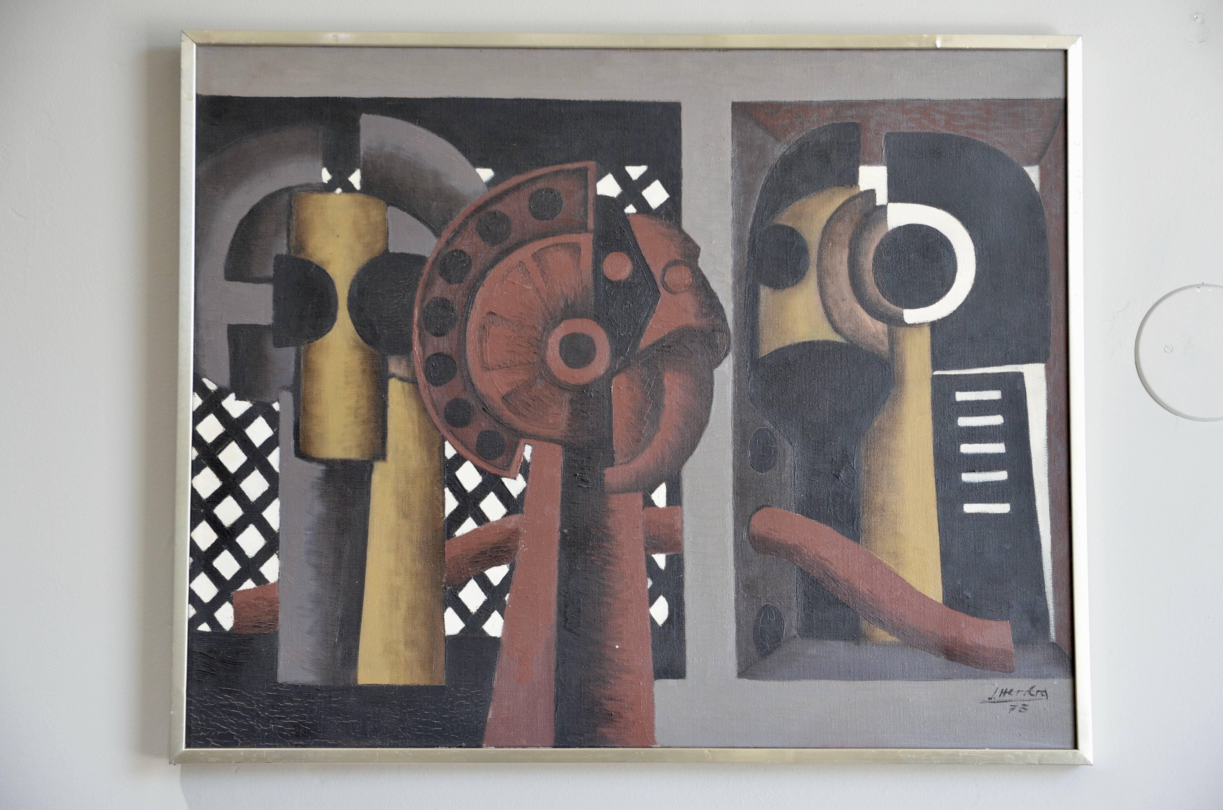 Oil on Canvas by José Herrera (Spanish, 1943-).

Signed and dated 1973.

Original stainless steel frame.

A beautiful piece.