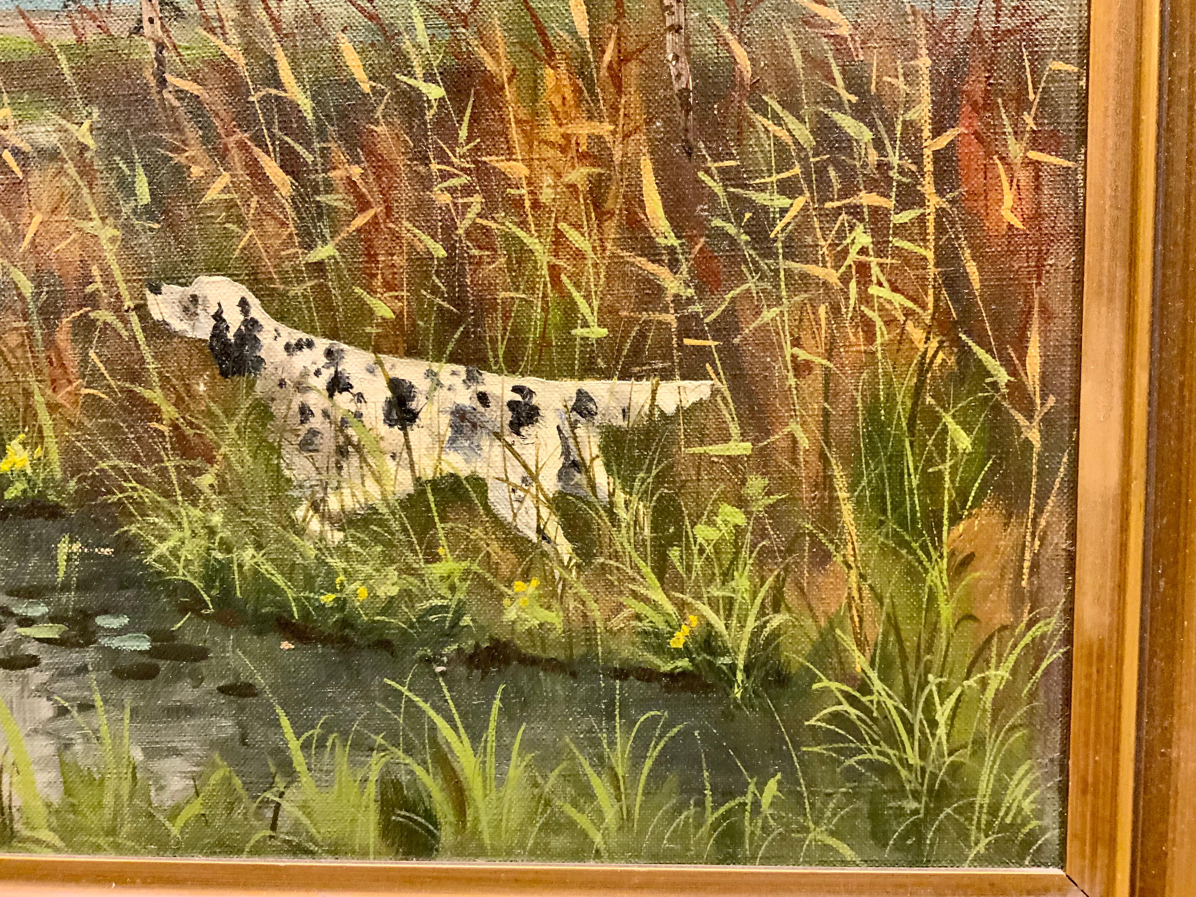 Dieses einzigartige Gemälde richtet sich an Jäger und Hundeliebhaber,
Da es eine besondere Szene mit einem Jagdhund darstellt
Enten. Der Himmel ist gut gemalt und die Gesamtansicht eines
Die sumpfige Jagdszene ist perfekt für jemanden, der gerne
Die