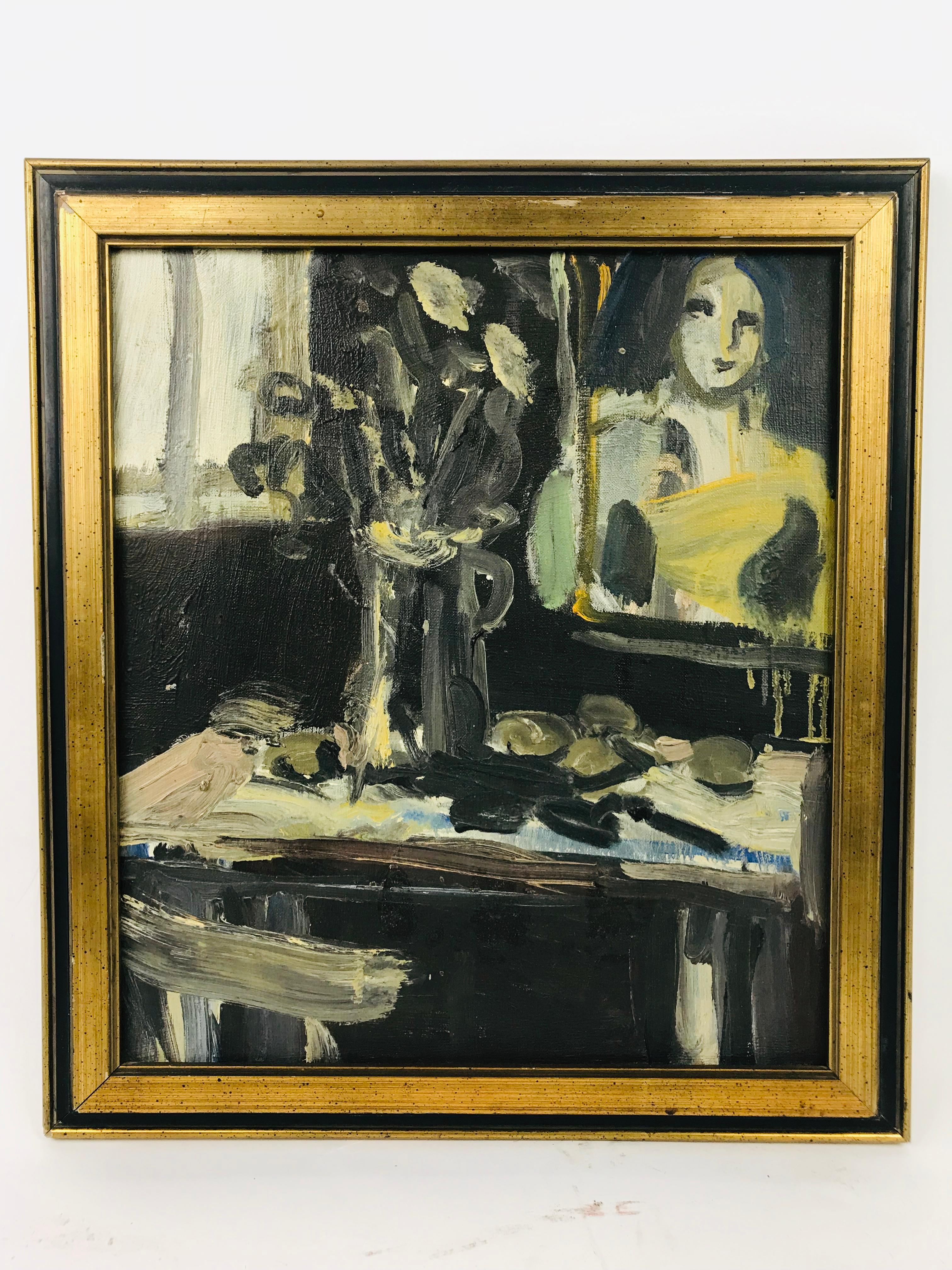 A twilight-eske 20th century oil on canvas by Am. Listed artist Vernon Lobb. A mysterious and somewhat dubious scene depicting a room in which a vase sits upon a desk with colorless flowers falling from a vase. A vacant look to the rooms