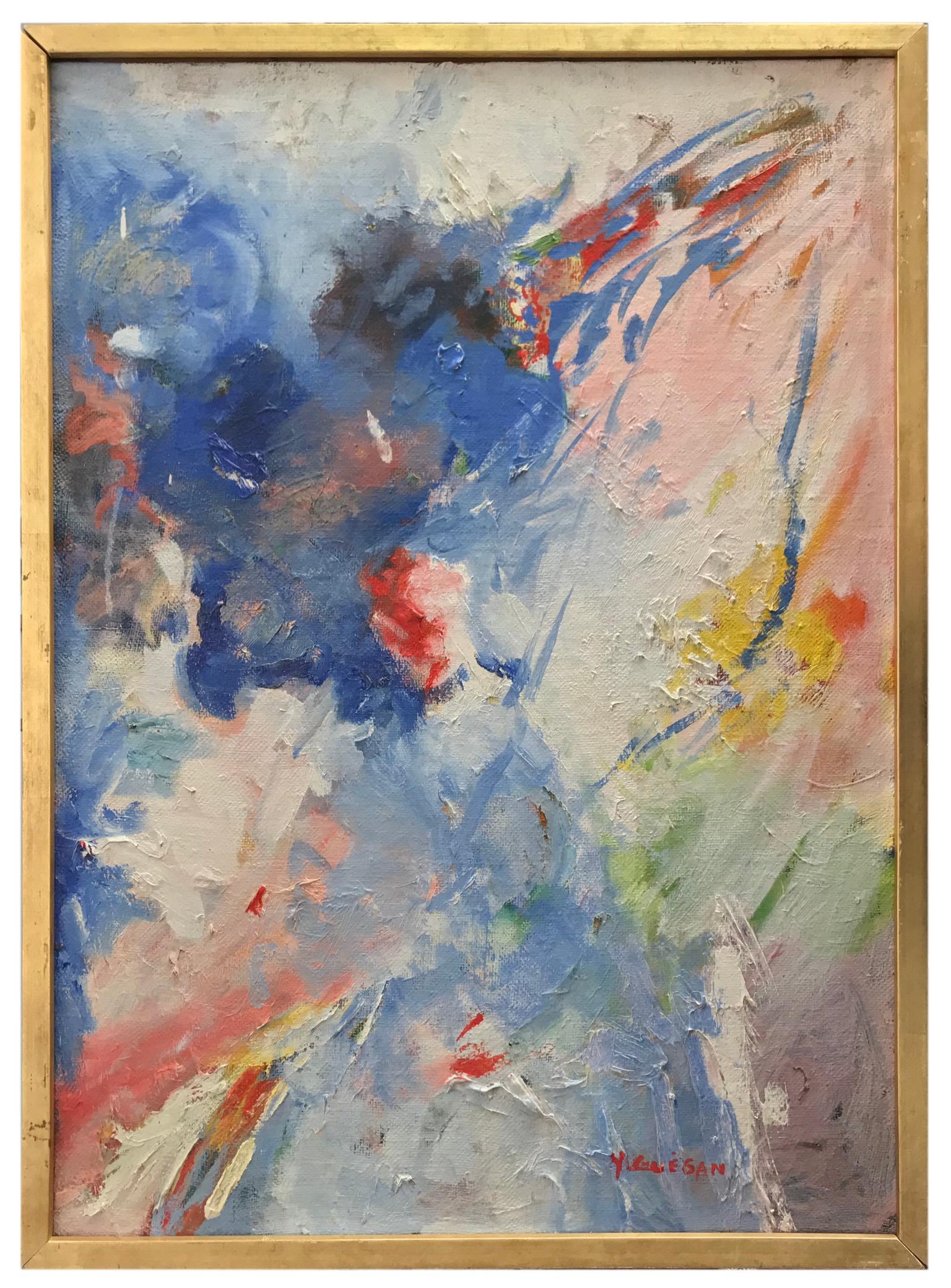 Abstract oil on canvas by Yvonne Guégan (8 April 1915-14 March 2005). Colorful oil with bold brushstrokes in an array of colors. Highly decorative. Signed by Guégan.

Yvonne Guégan (8 April 1915-14 March 2005)
Guégan joined the National School of