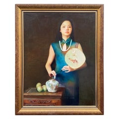 Huile sur toile de Zhang Dong Sheng, 2003 « Éventail de fleurs de pêche d'été »