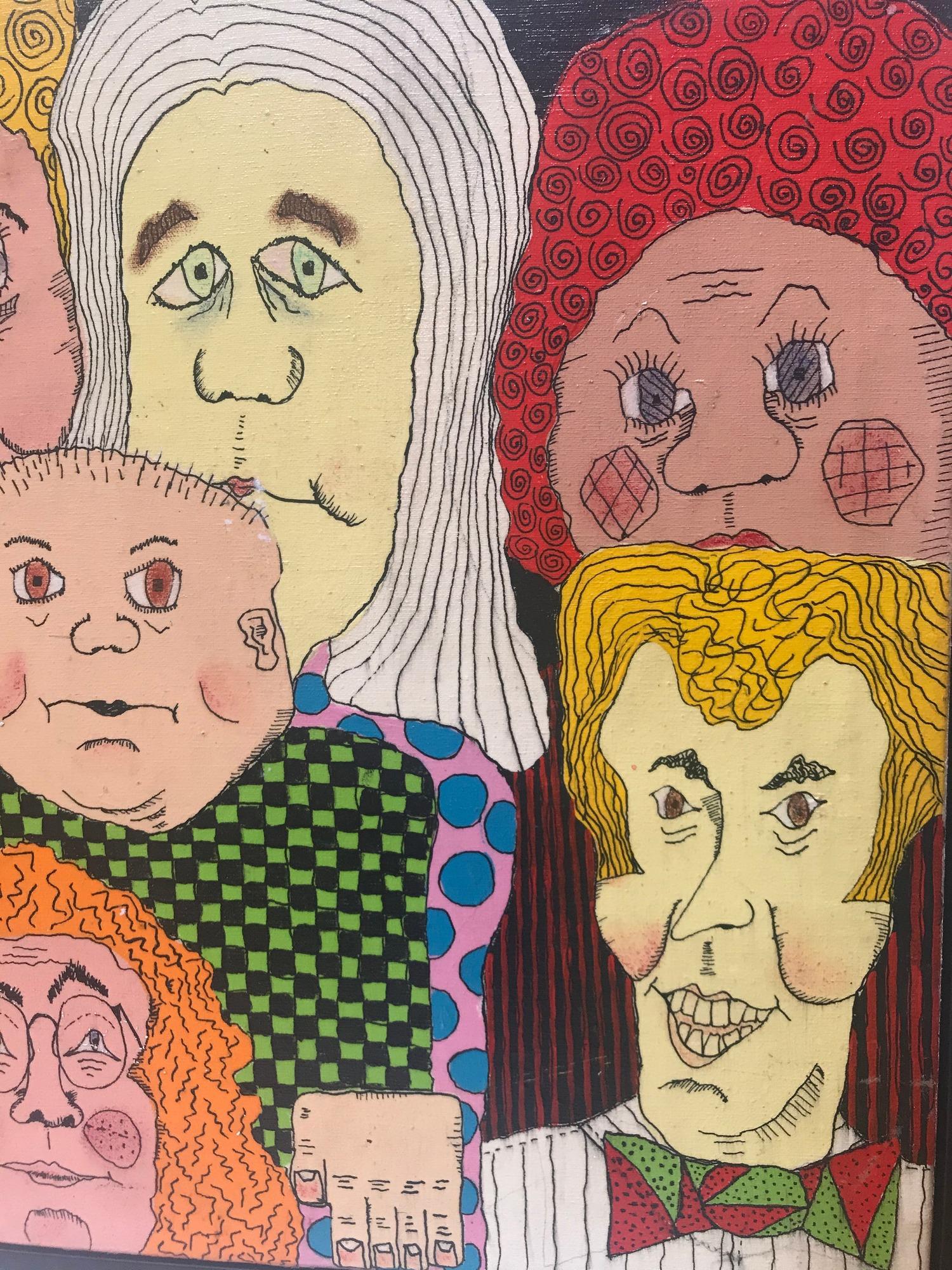 Artisanat Huile sur toile d'une caricature d'un groupe d'amis signée Diehl 1973 en vente