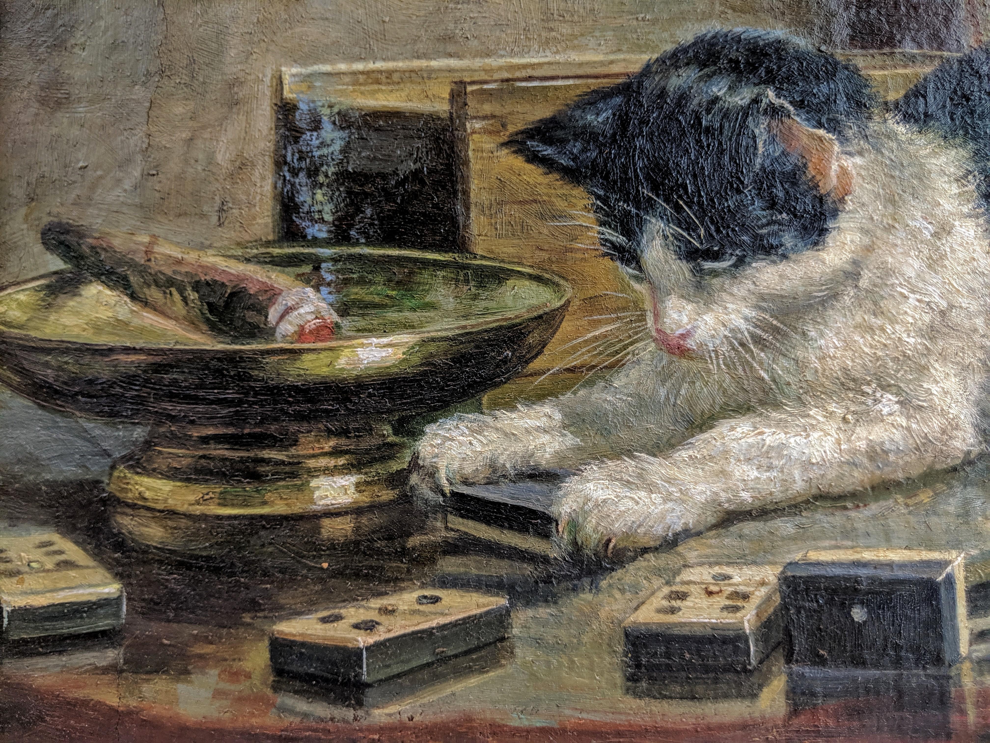 Oil on canvas cat playing with matchbook by Arthur Wardle, British, 1864-1949. 
In very good antique condition. Paint surface is stabile. Ready to hang. Painted circa 1930. Arthur Wardle is a very well-listed artist. 
 Frame Size: 18.5