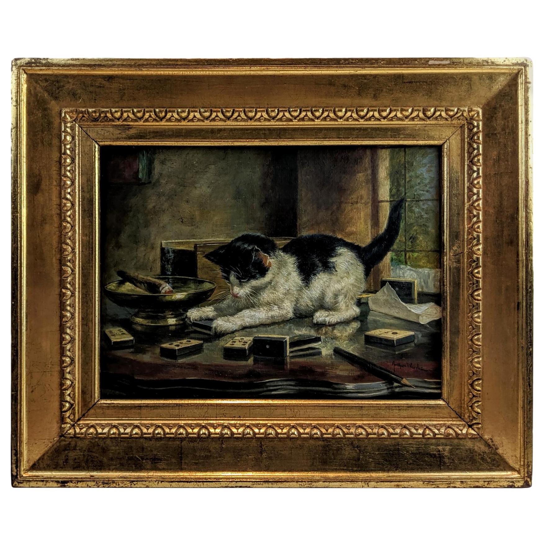 Oil on Canvas Cat Playing with Matchbook by Arthur Wardle, British 1864-1949