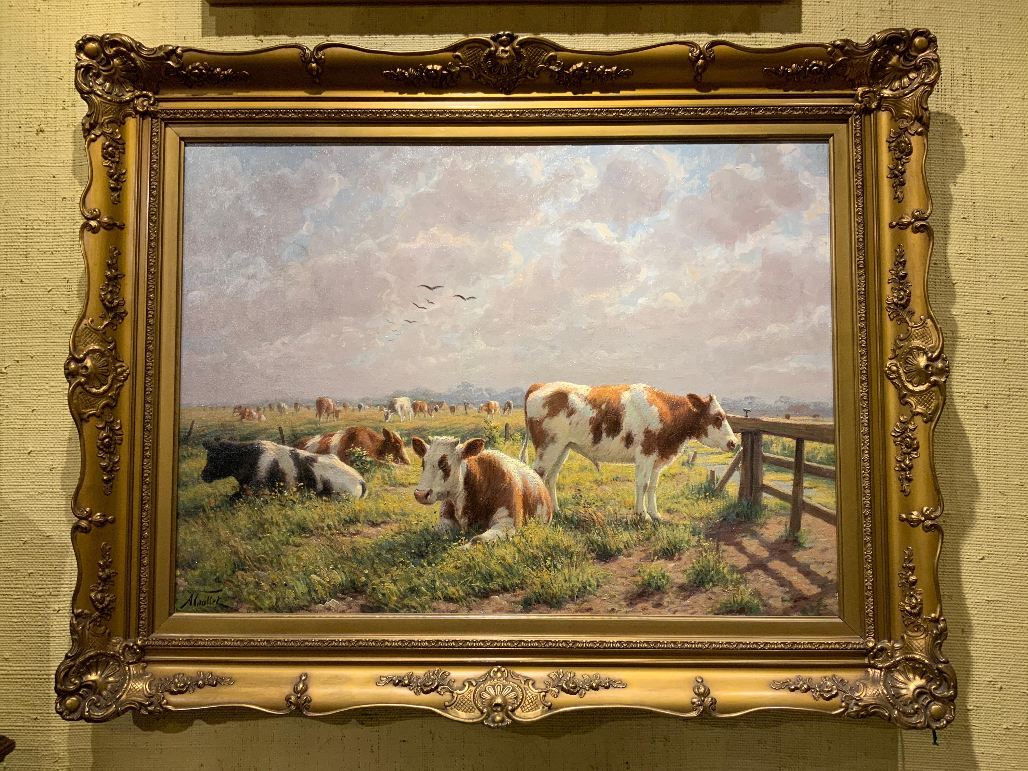 Belgian Oil on Canvas 'Cattle Grazing in a Pasture' by Albert Caullet Signed a Caullet For Sale