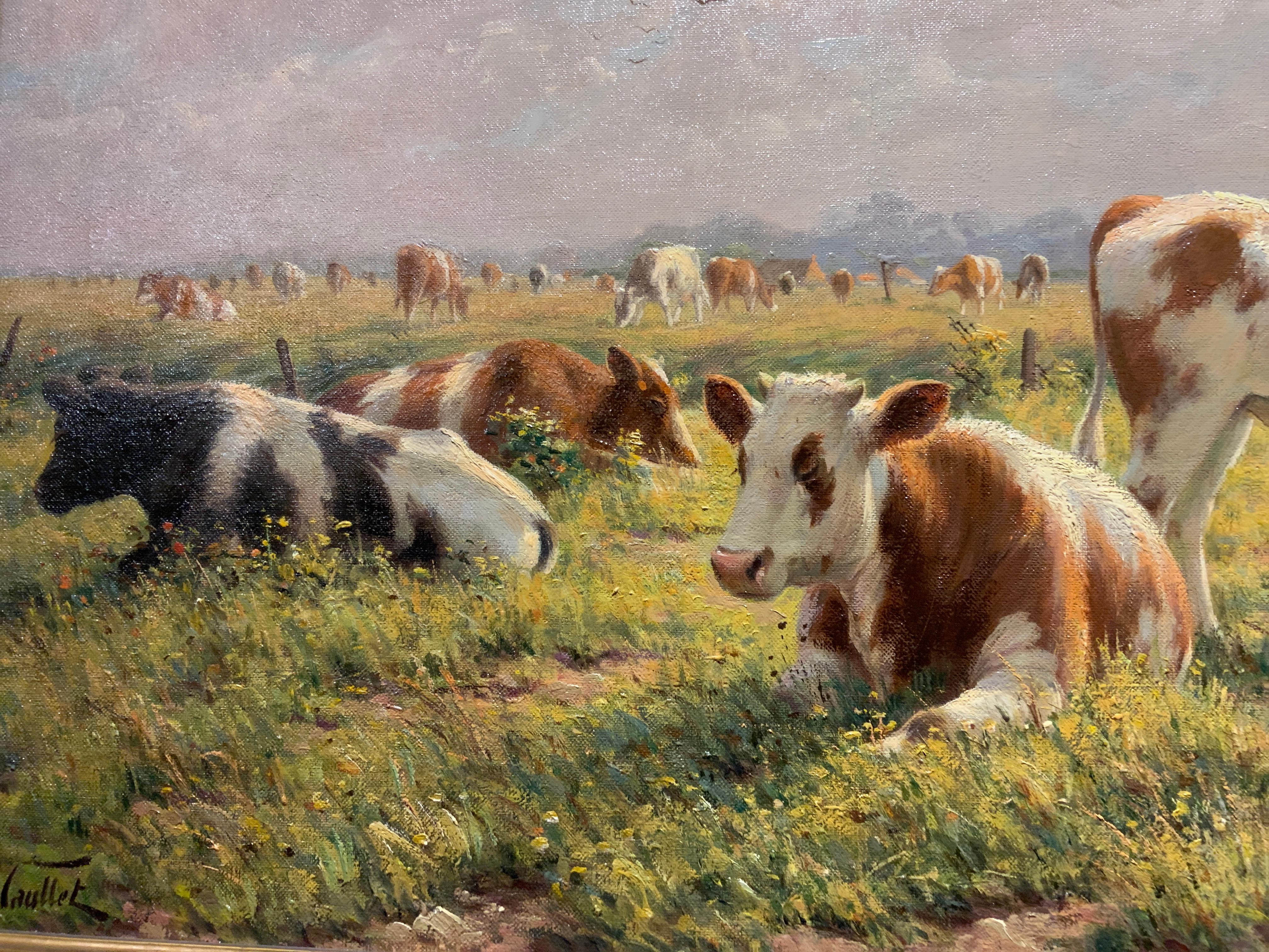 Oil on Canvas 'Cattle Grazing in a Pasture' by Albert Caullet Signed a Caullet In Excellent Condition For Sale In Houston, TX