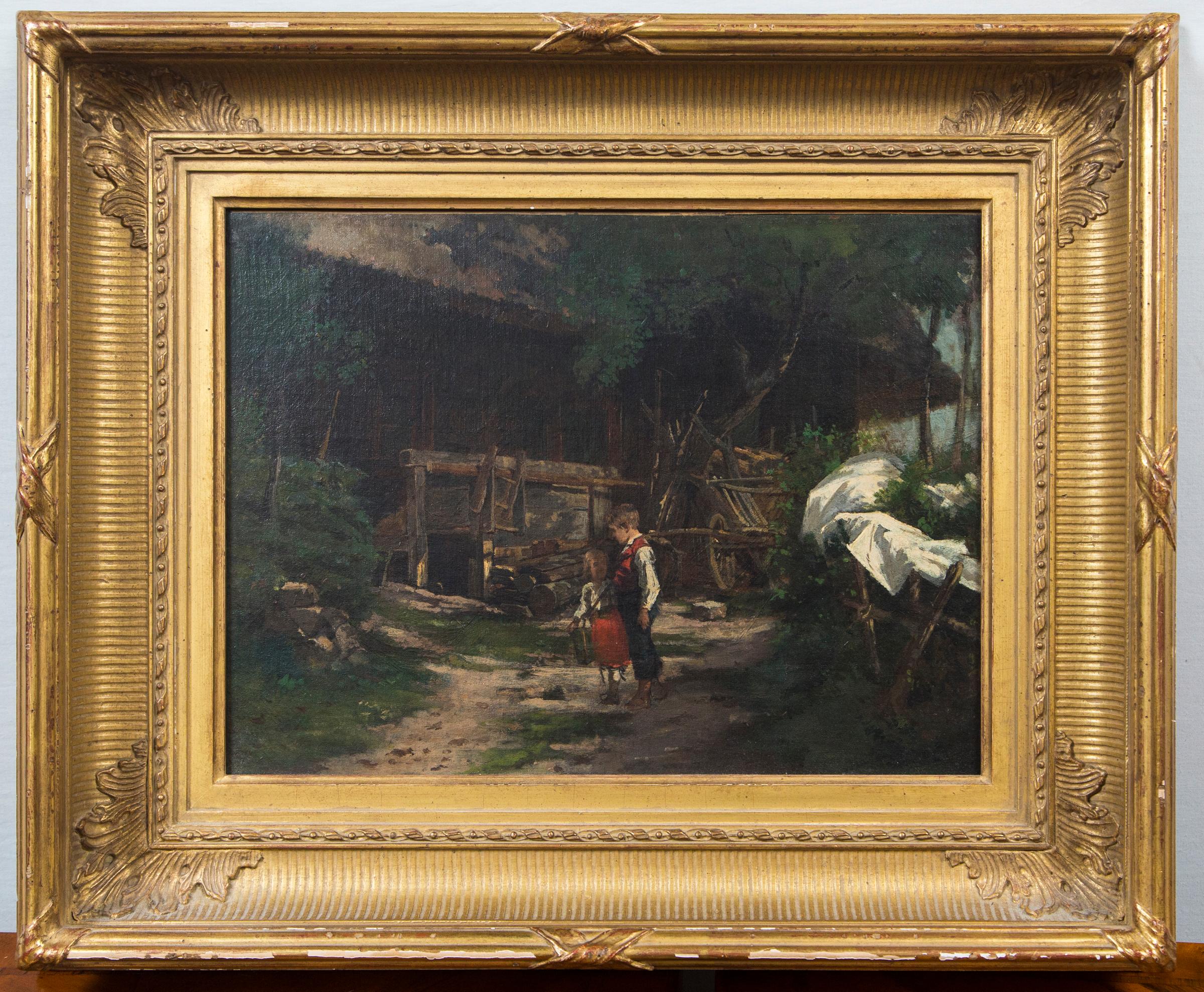 This painting of two children in a yard with a wagon and building is signed lower right Edgar Melville Ward. He was an Ohio artist born in 1839 and died 1915.
The painting has been relined. Probably original stretcher.
Gilt frame.