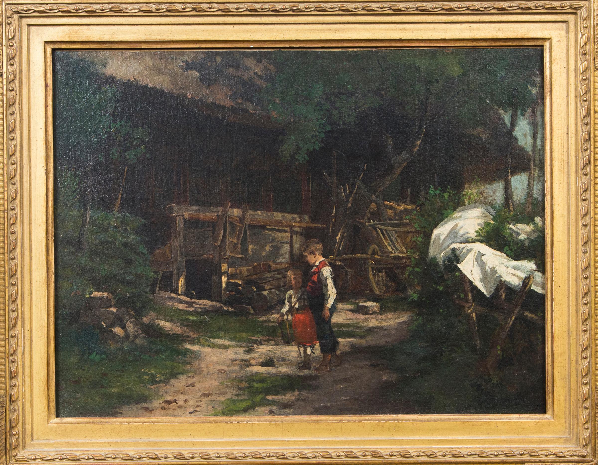 American Oil on Canvas Children in a Yard, Signed