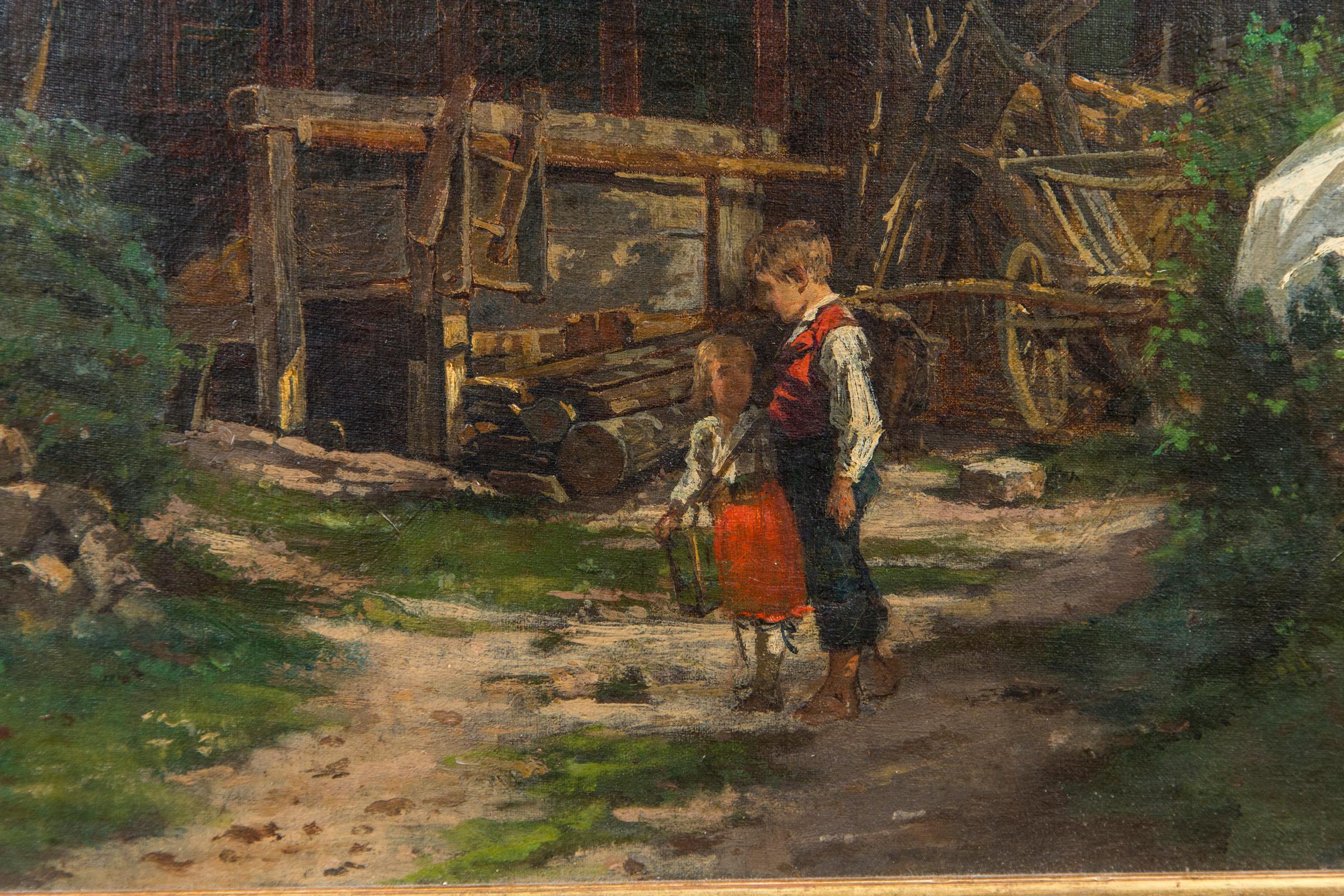Oil on Canvas Children in a Yard, Signed In Good Condition In Woodbury, CT