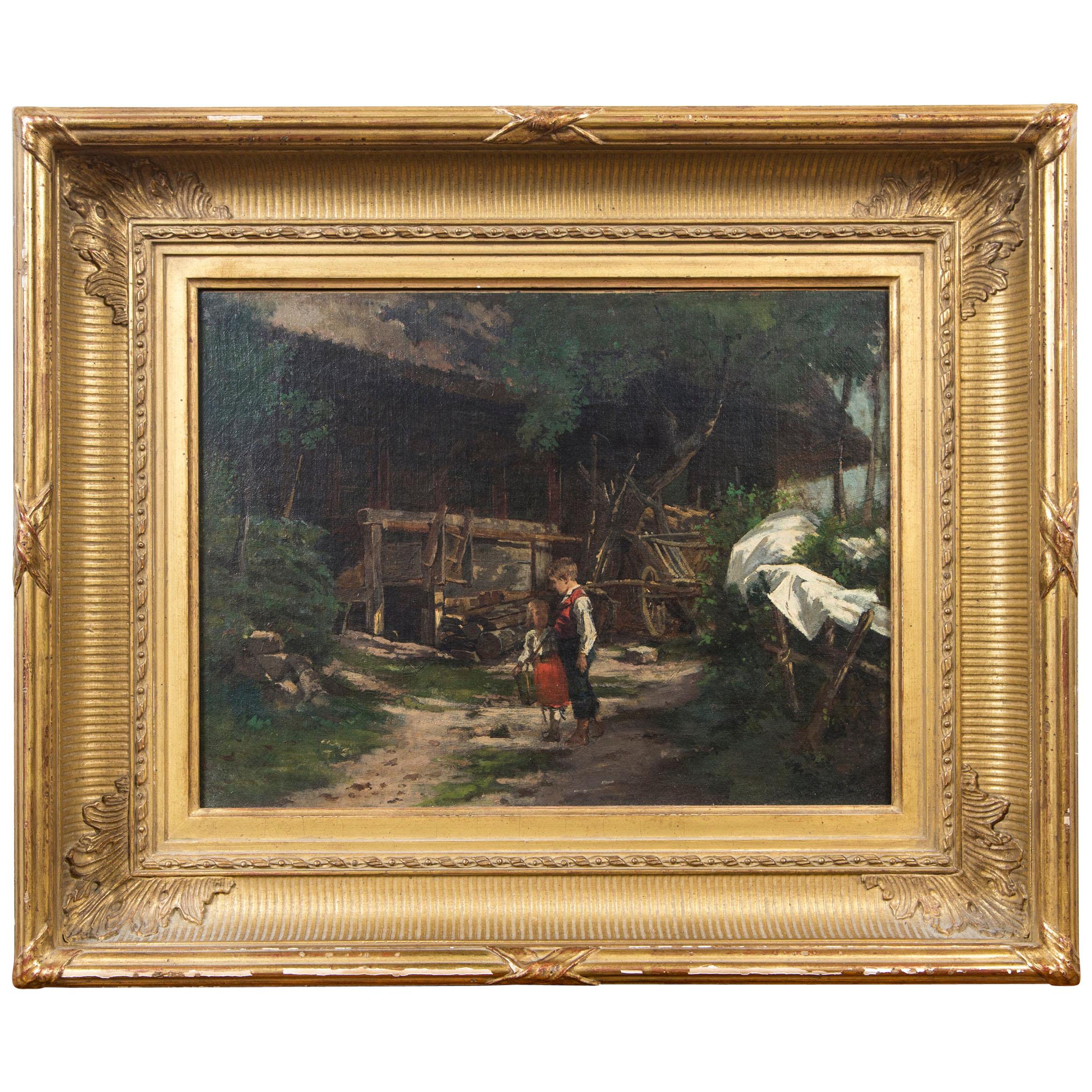 Oil on Canvas Children in a Yard, Signed