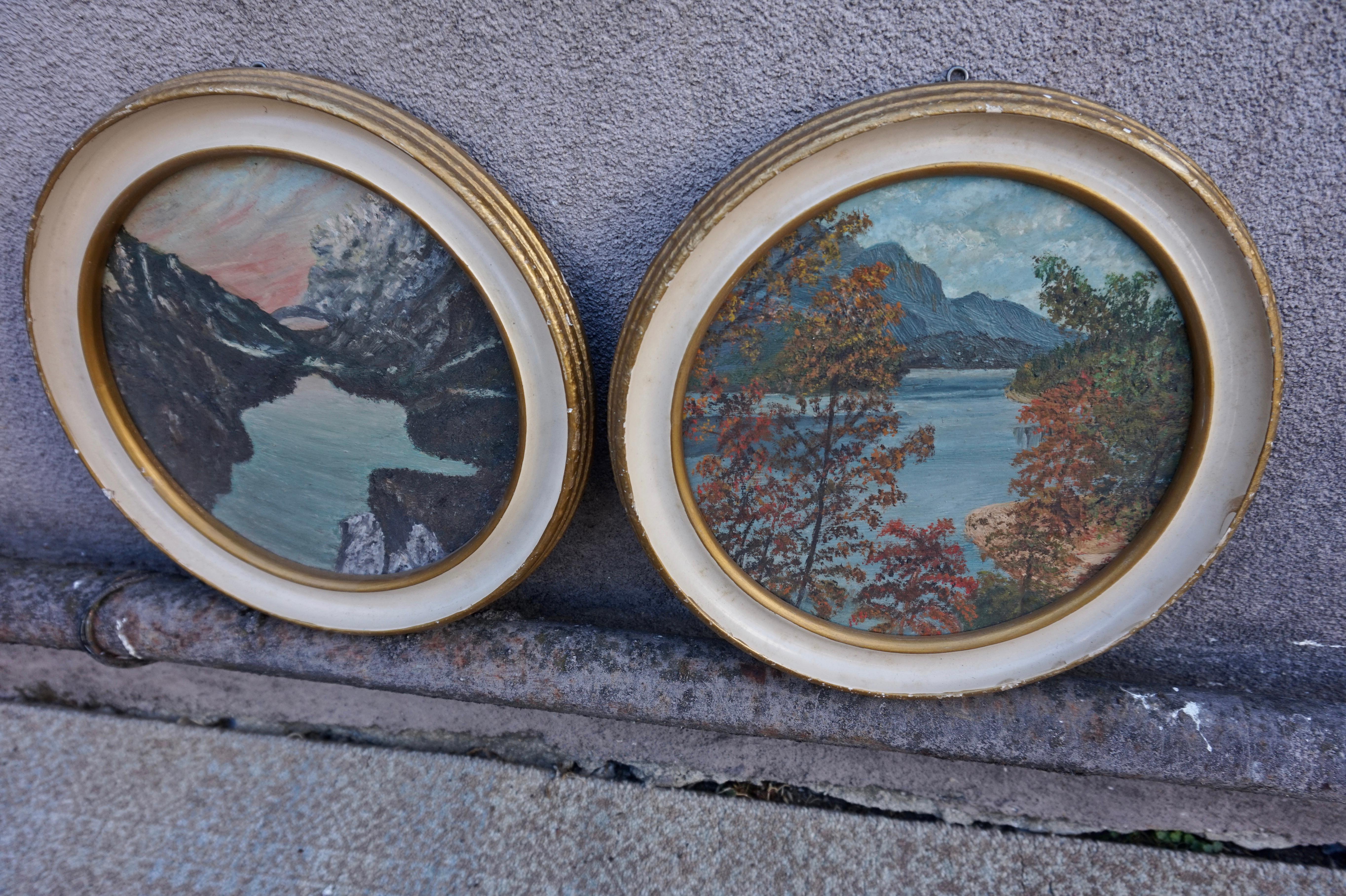 Rare circular Art Deco scenes of the Smoky Mountains with date and details rendered behind the paintings. Beautifully hand painted in vivid hues and original circular gilt frames. Embellish your cabin or wall space with these. 