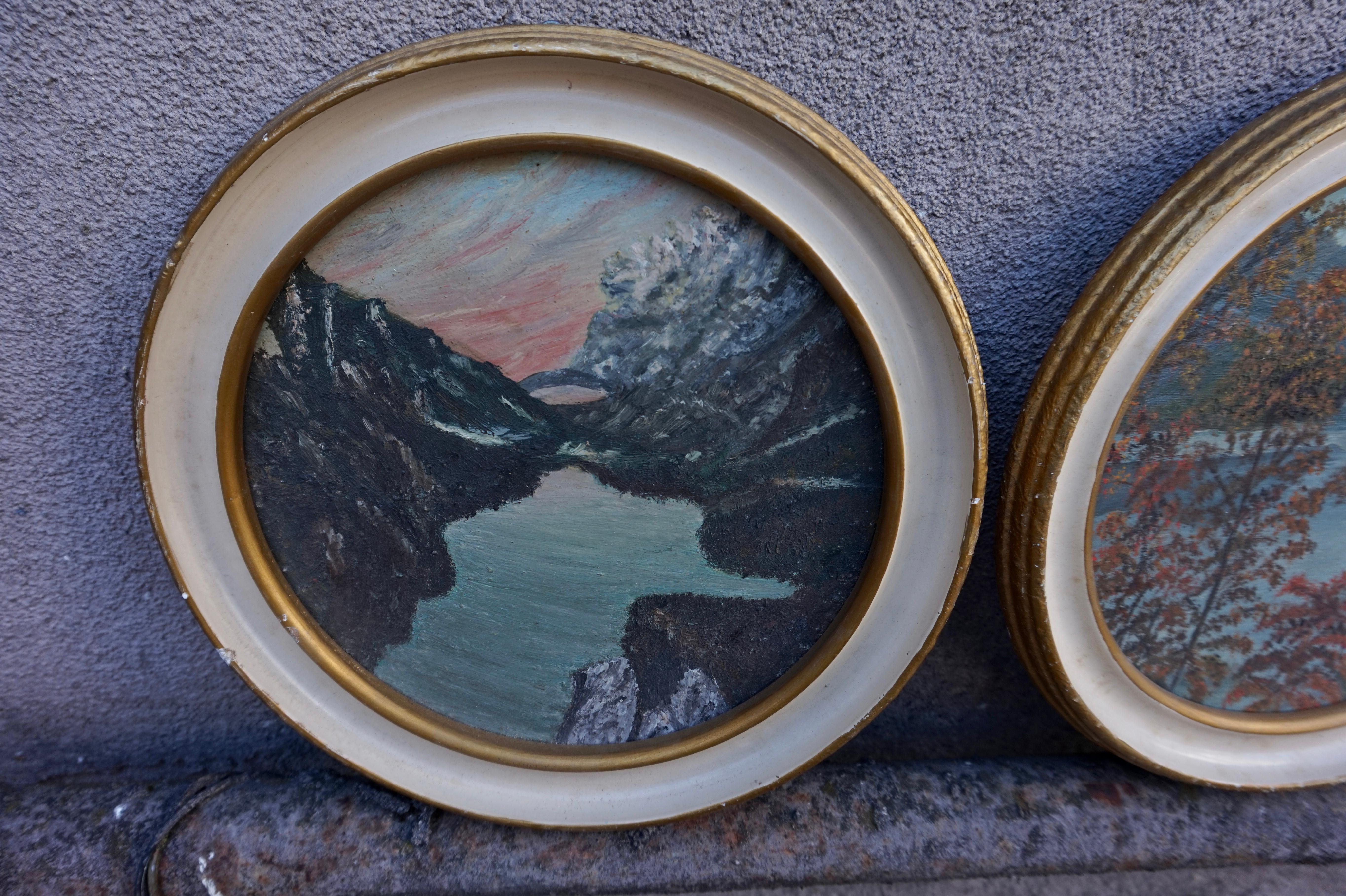 Hand-Painted Oil On Canvas Circular Art Deco Paintings Of The Smoky Mountains  For Sale