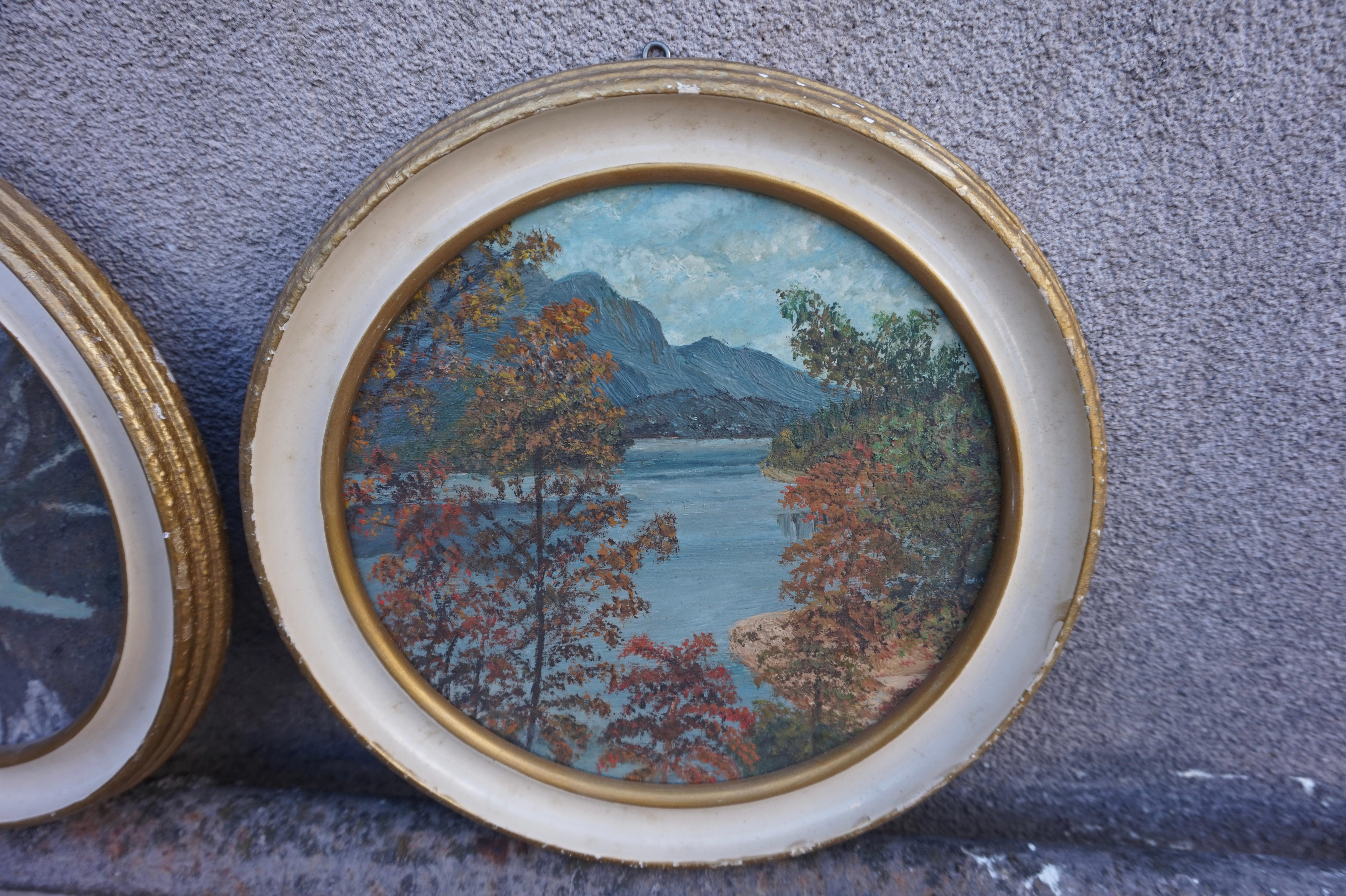 Oil On Canvas Circular Art Deco Paintings Of The Smoky Mountains In Good Condition For Sale In Vancouver, British Columbia