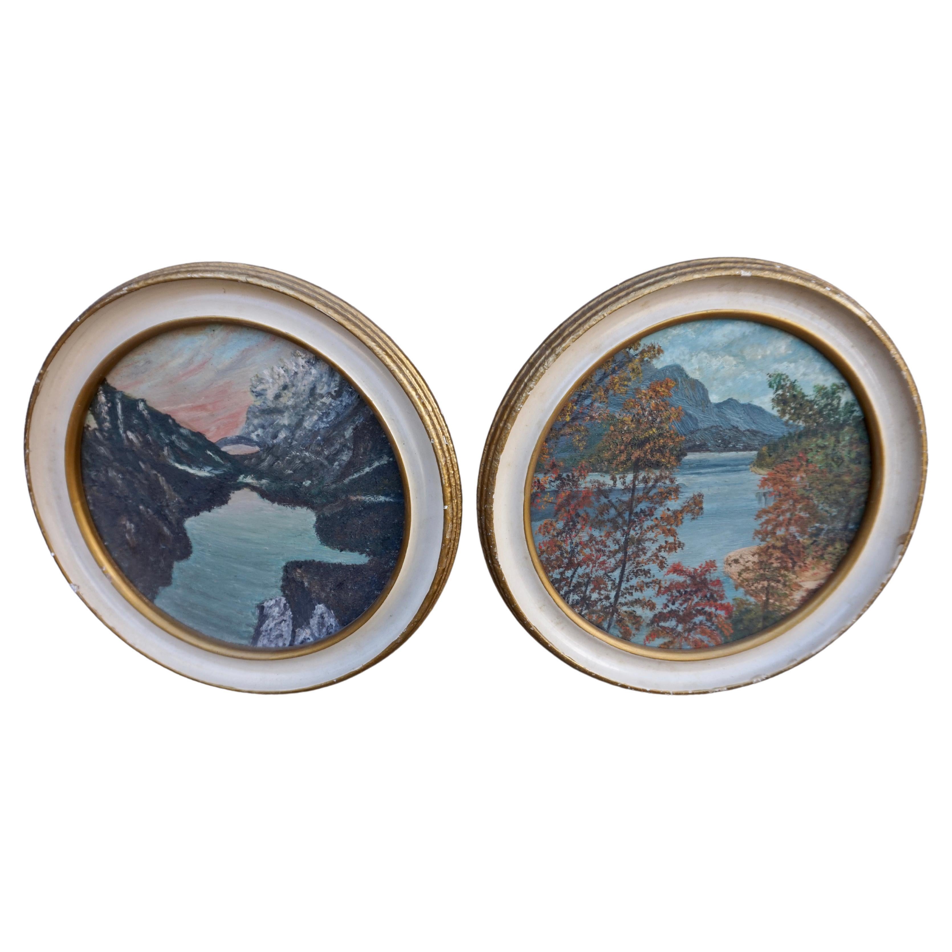 Oil On Canvas Circular Art Deco Paintings Of The Smoky Mountains 