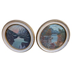 Vintage Oil On Canvas Circular Art Deco Paintings Of The Smoky Mountains 