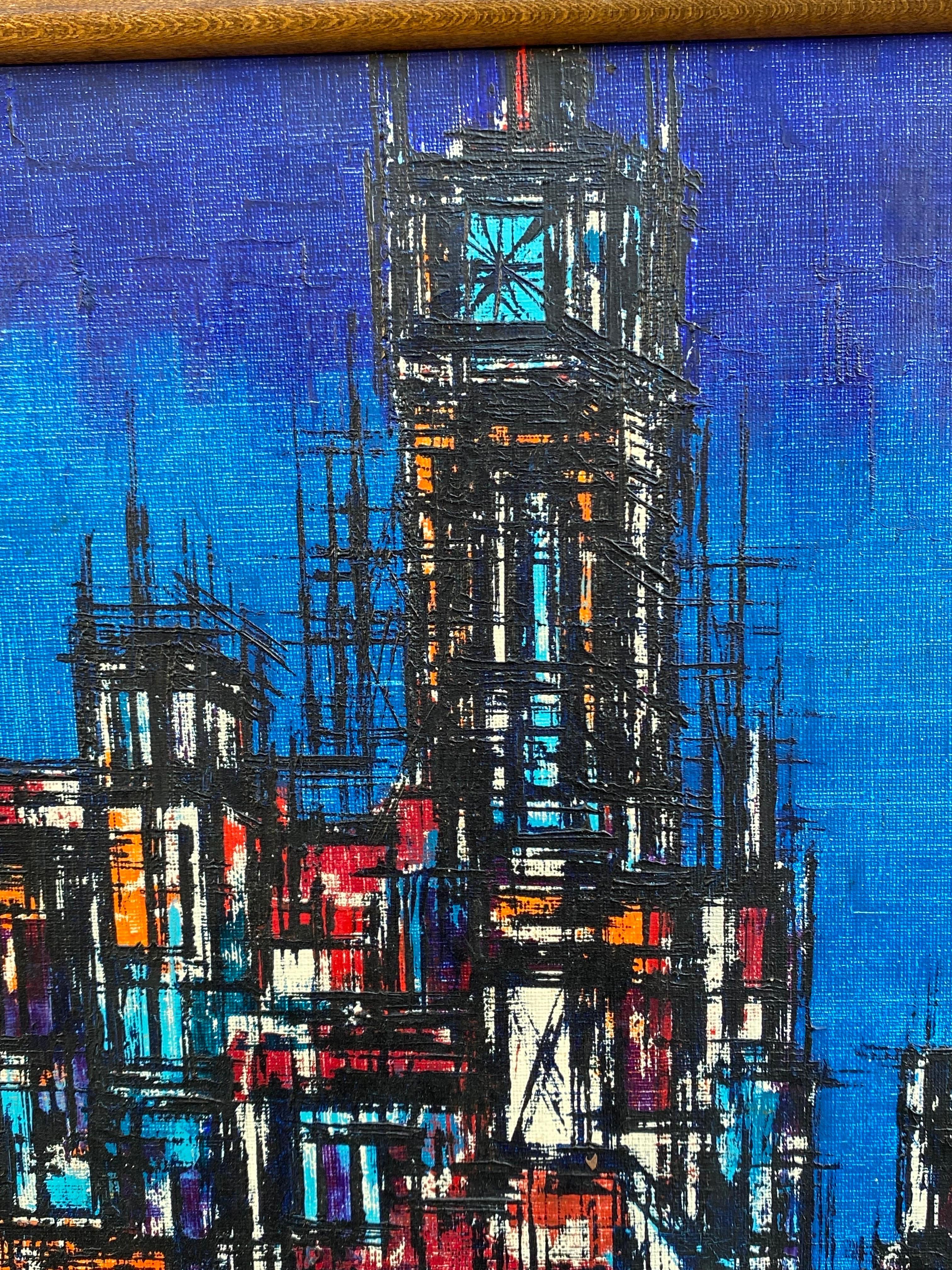 Oil on Canvas Citscape in shades of Blue.  Painting is from the 1960's and in nice shape.  Signed Man?