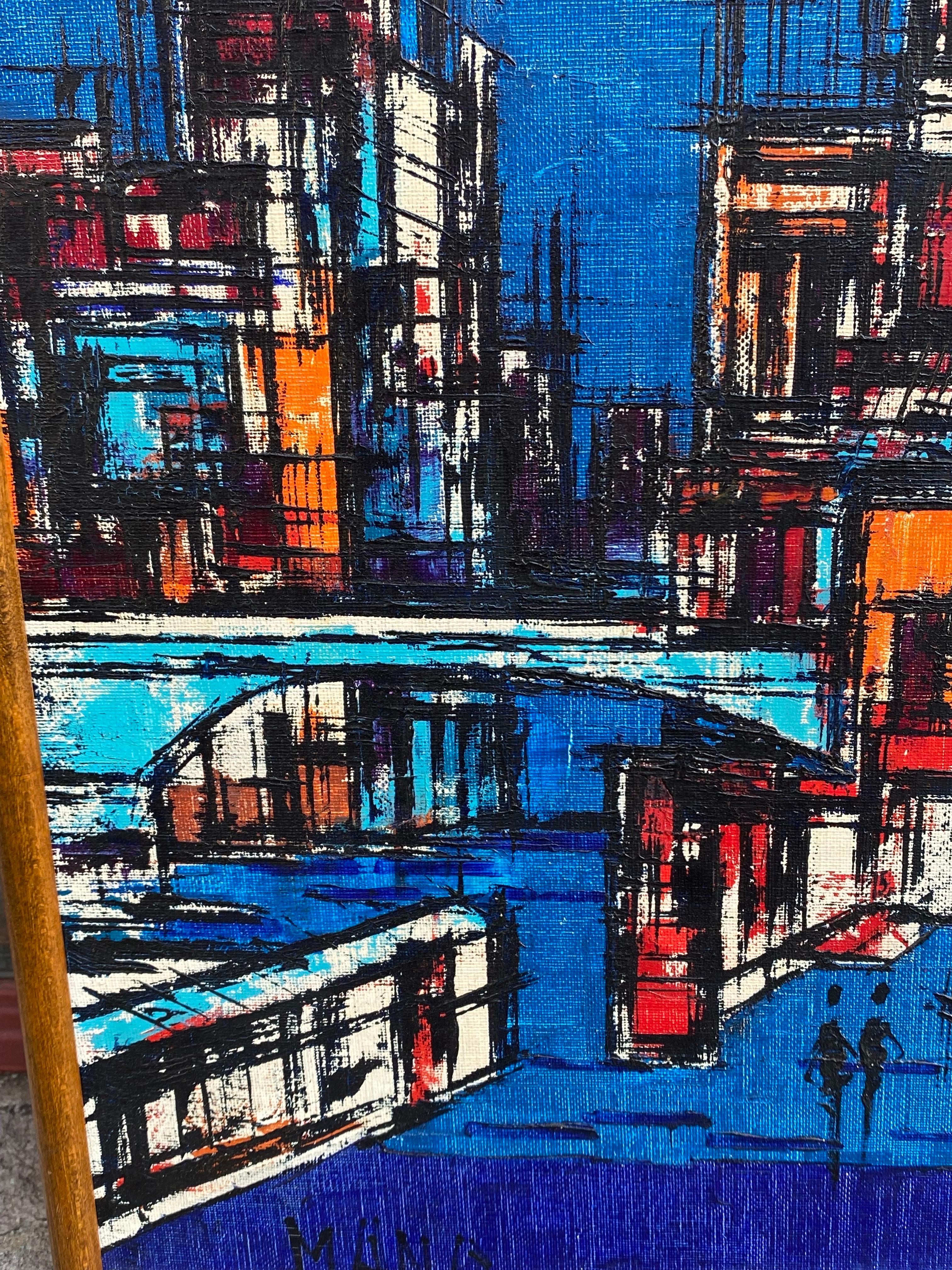 Mid-Century Modern Oil on Canvas Cityscape For Sale