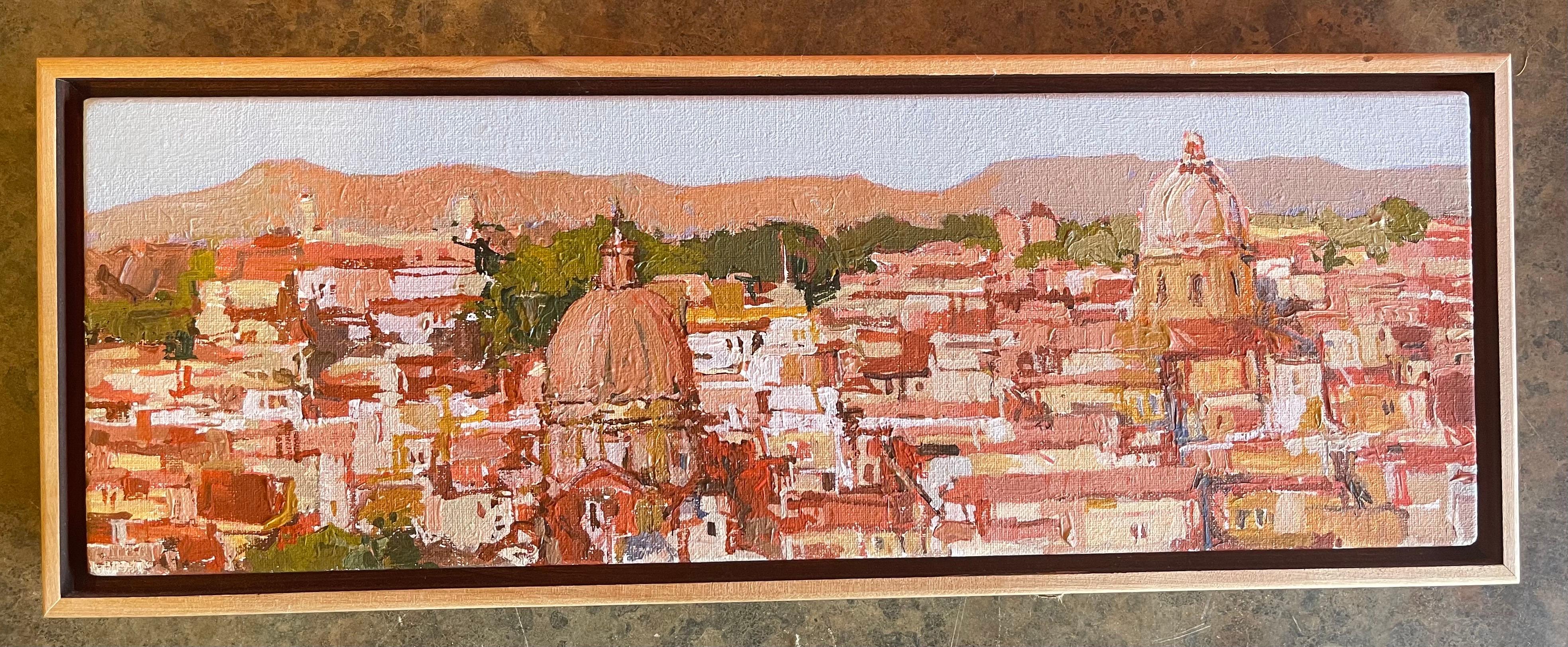 Oil on canvas cityscape painting of Rome, Italy by listed artist Douglas Atwill, circa 1990s. The piece has a photo quality about it in addition to wonderful shadowing. It is presented in a rustic natural wood frame and measures 8.5