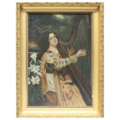 Oil on Canvas Classical Portrait Painting of Young Woman Harpist, 19th Century