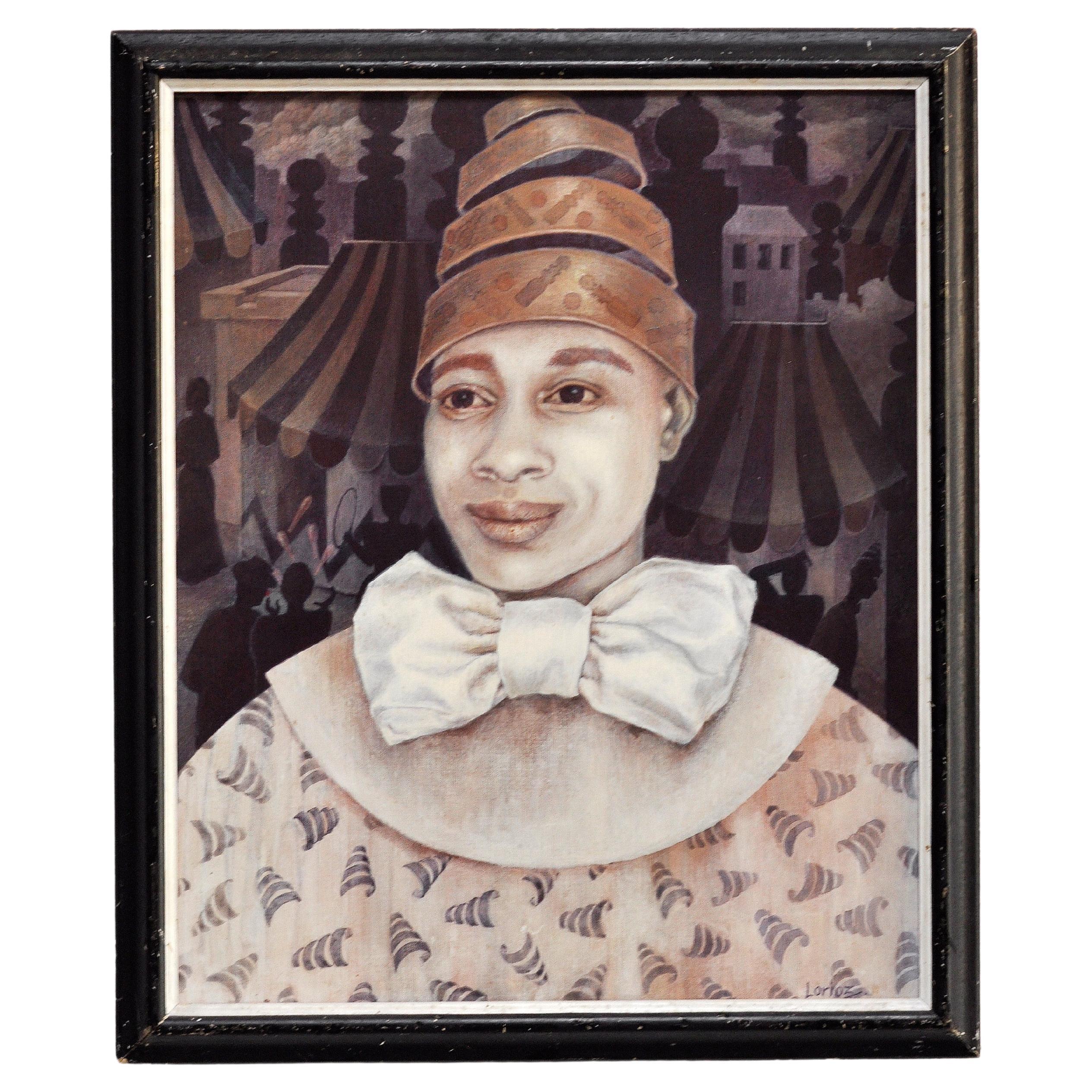 Oil on Canvas 'Clown' Painting by Noted Artist Jeanne Lorioz, France, 1980s For Sale