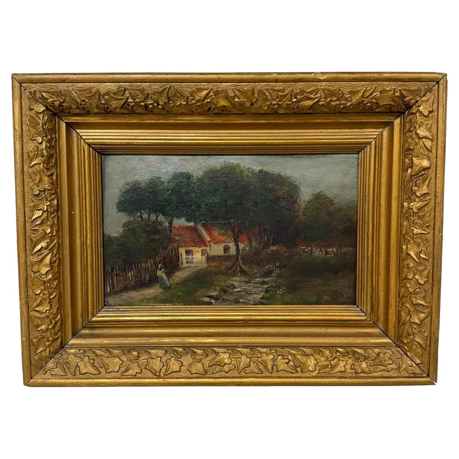 Oil on Canvas Cottage by the Stream