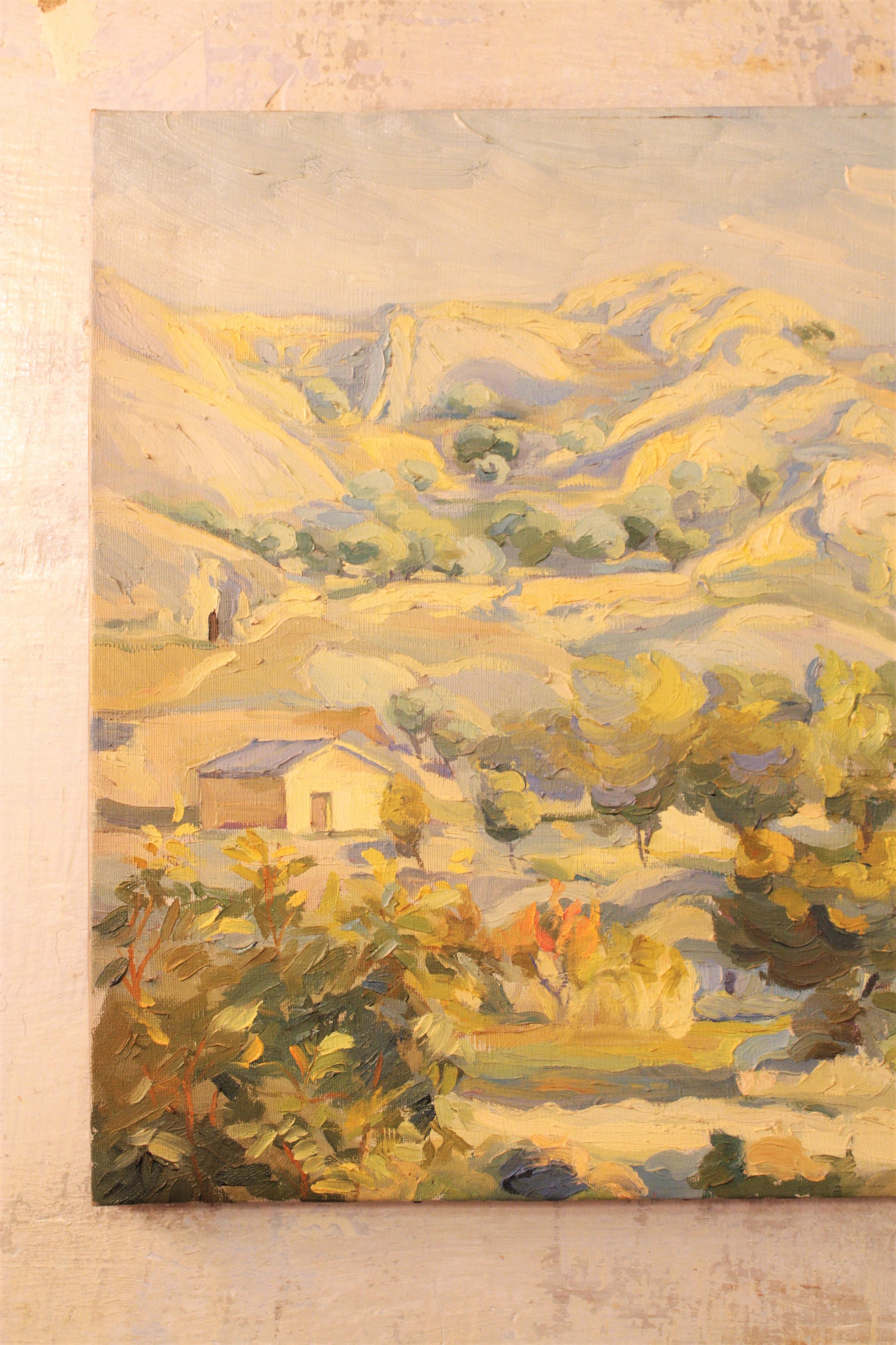 Peint à la main Peinture à l'huile sur toile - Paysage de campagne, Espagne, années 1930 en vente