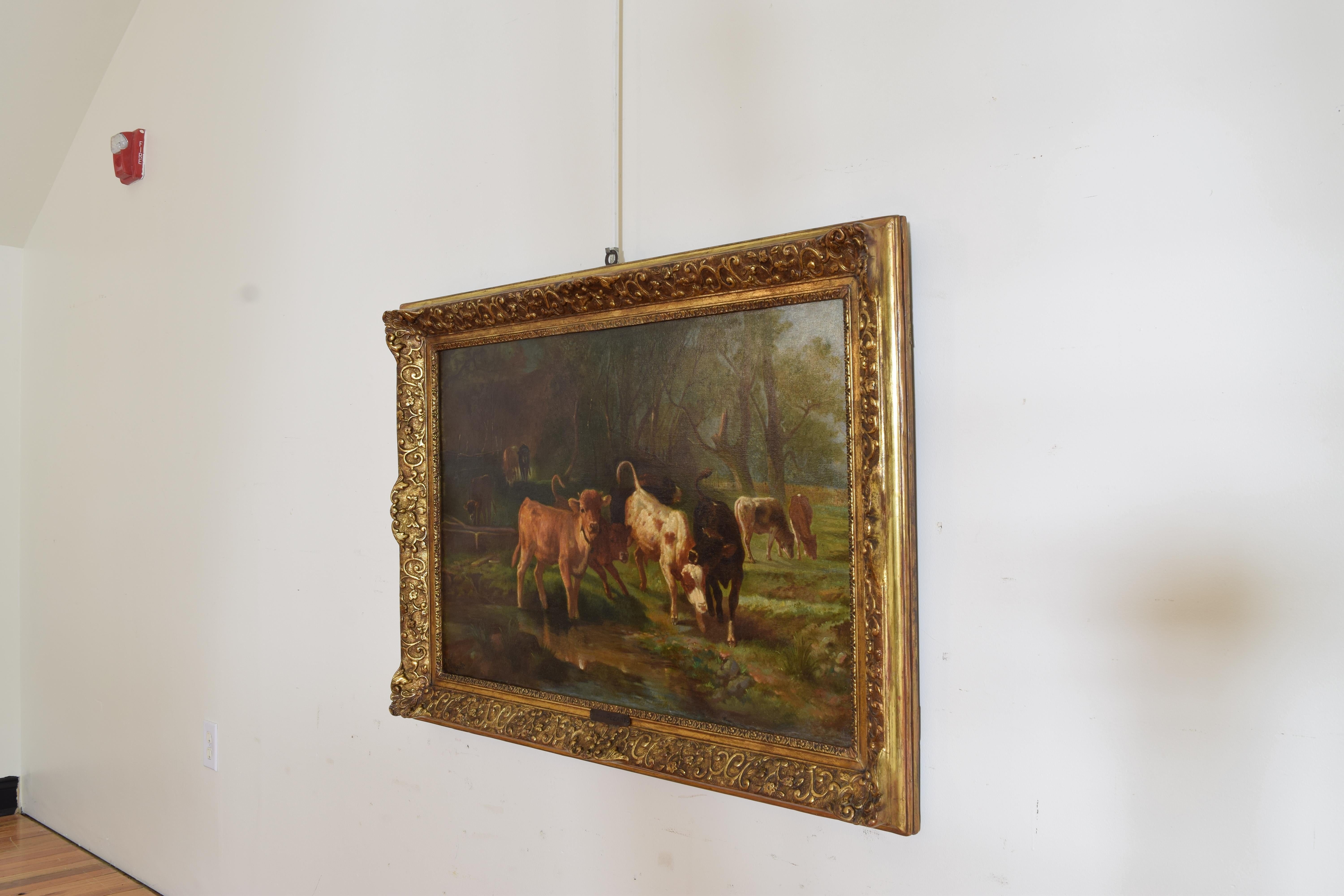 French Oil on Canvas, “Cows Watering at Stream, Aymar Pezant, 1846-1916 For Sale