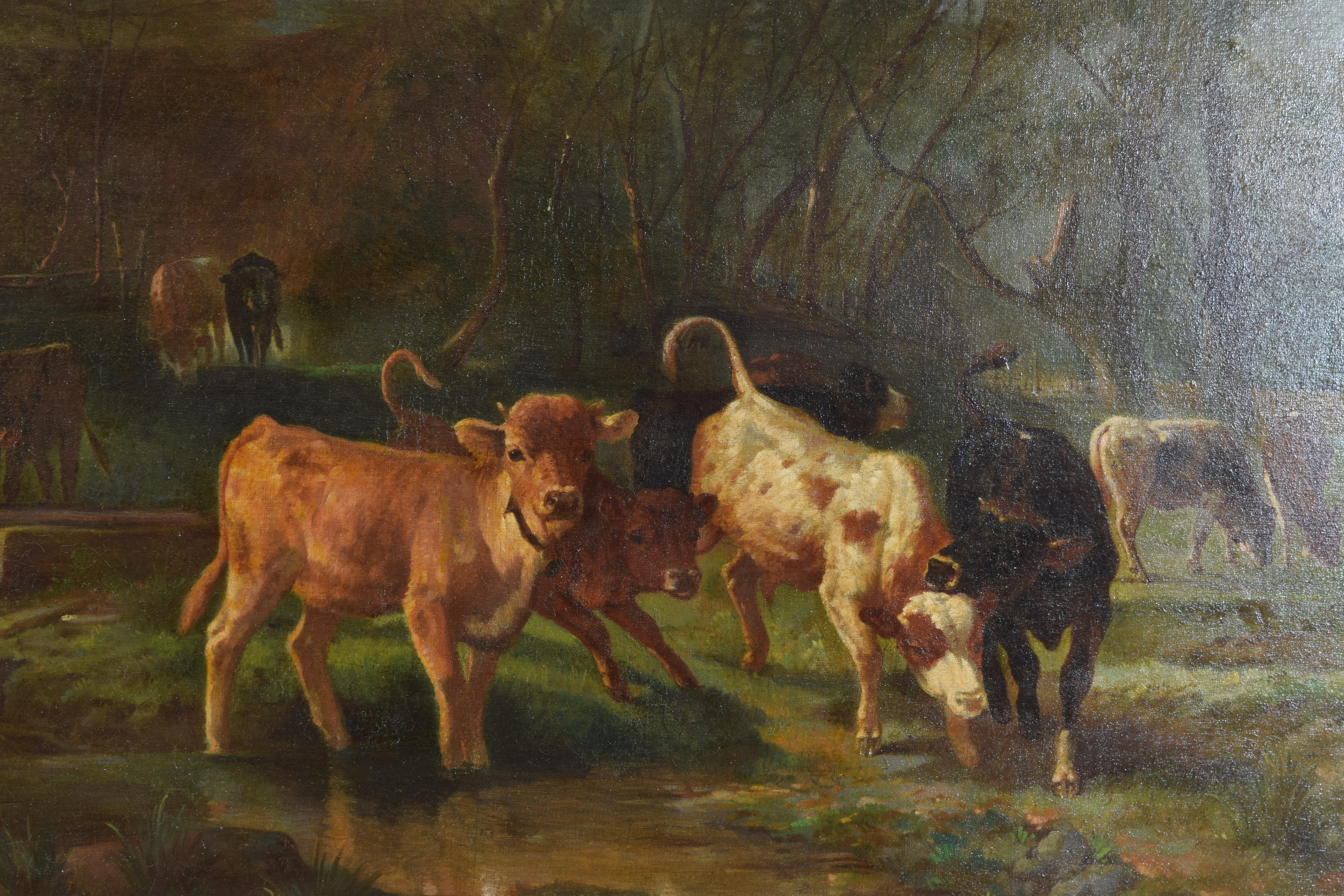Oil on Canvas, “Cows Watering at Stream, Aymar Pezant, 1846-1916 For Sale 1