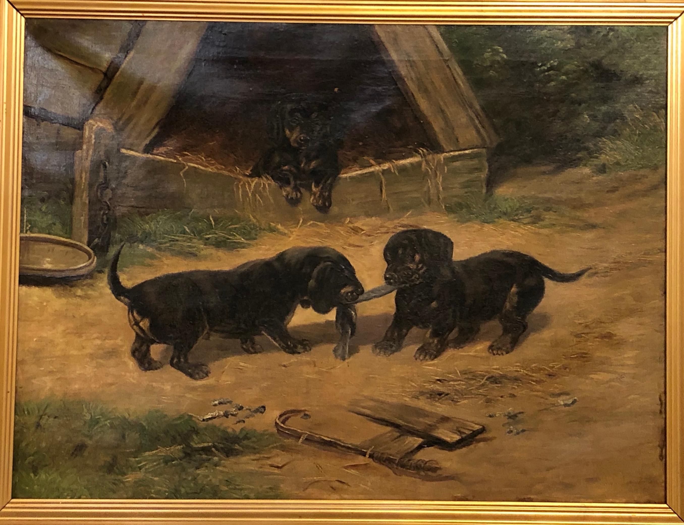 Ölgemälde auf Leinwand „Dachshund Puppies beim Spiel“ von Simon Ludvig Ditlev Simonsen (Prairie School) im Angebot