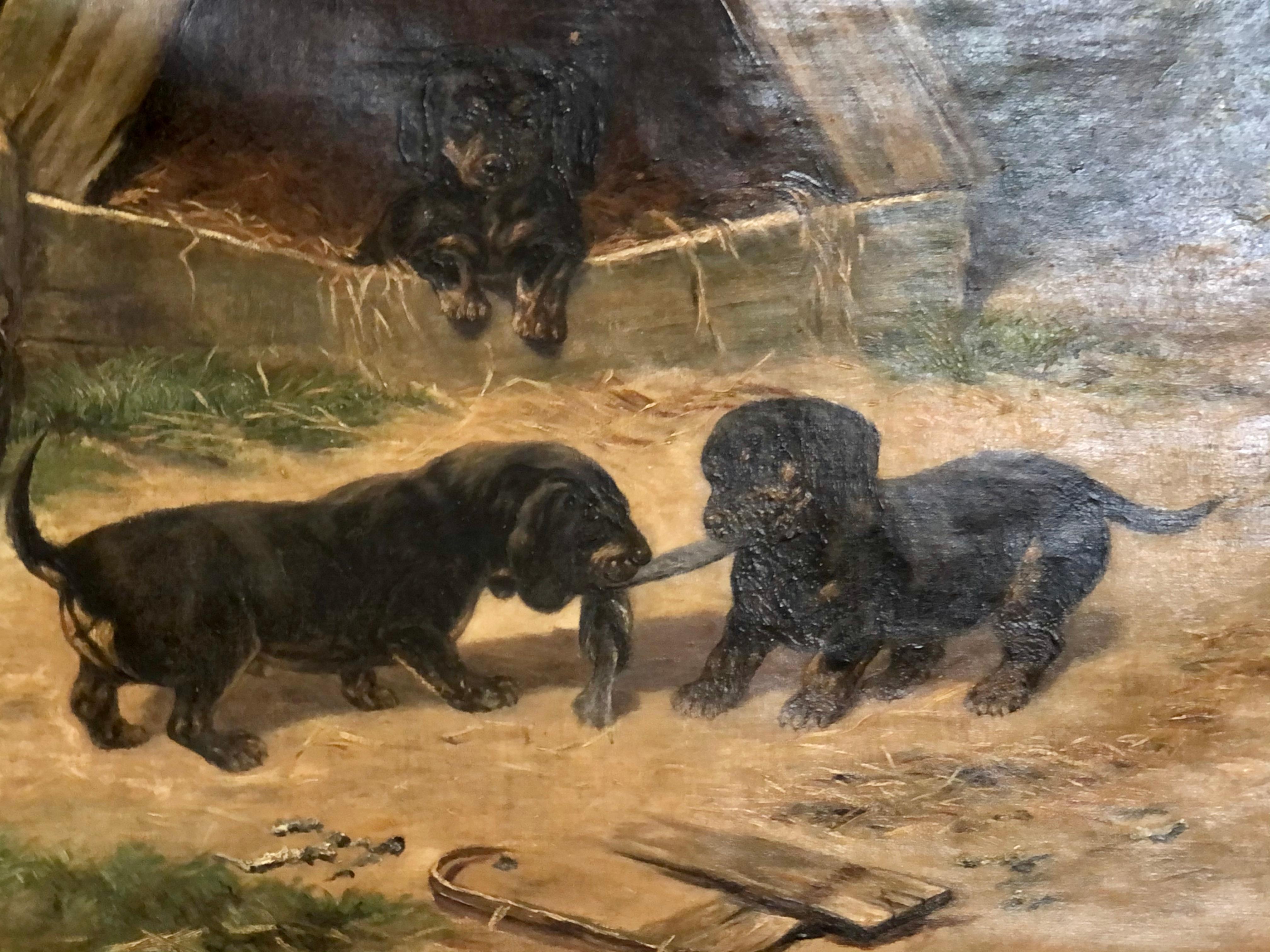 Ölgemälde auf Leinwand „Dachshund Puppies beim Spiel“ von Simon Ludvig Ditlev Simonsen (Gemalt) im Angebot