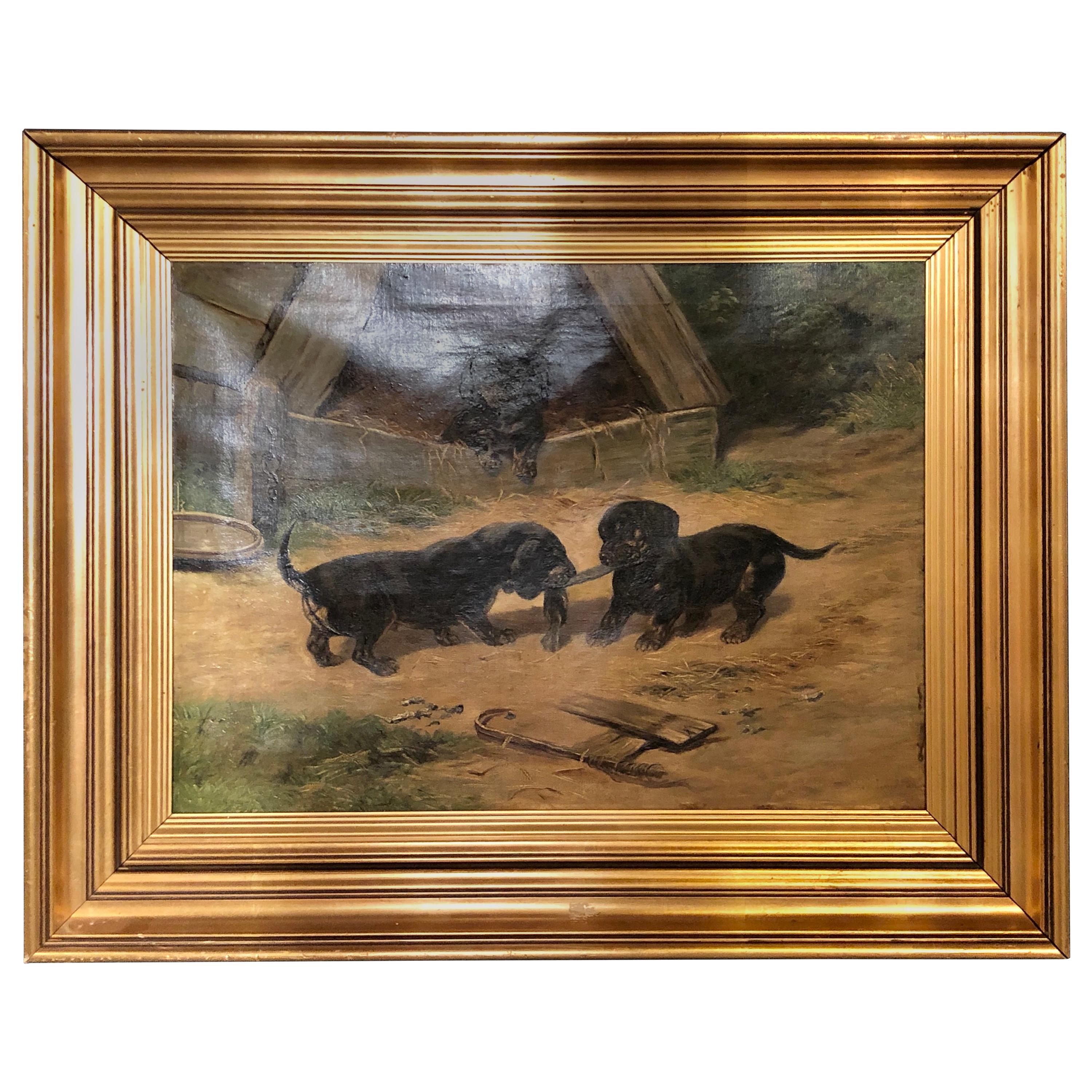 Oil on Canvas "Dachshund Puppies at Play" by Simon Ludvig Ditlev Simonsen For Sale