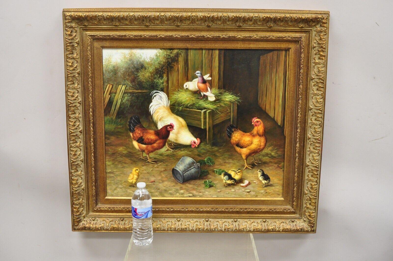 Oil on Canvas Decorator Painting of Farm Hens and Baby Chicks, Gold Frame 1