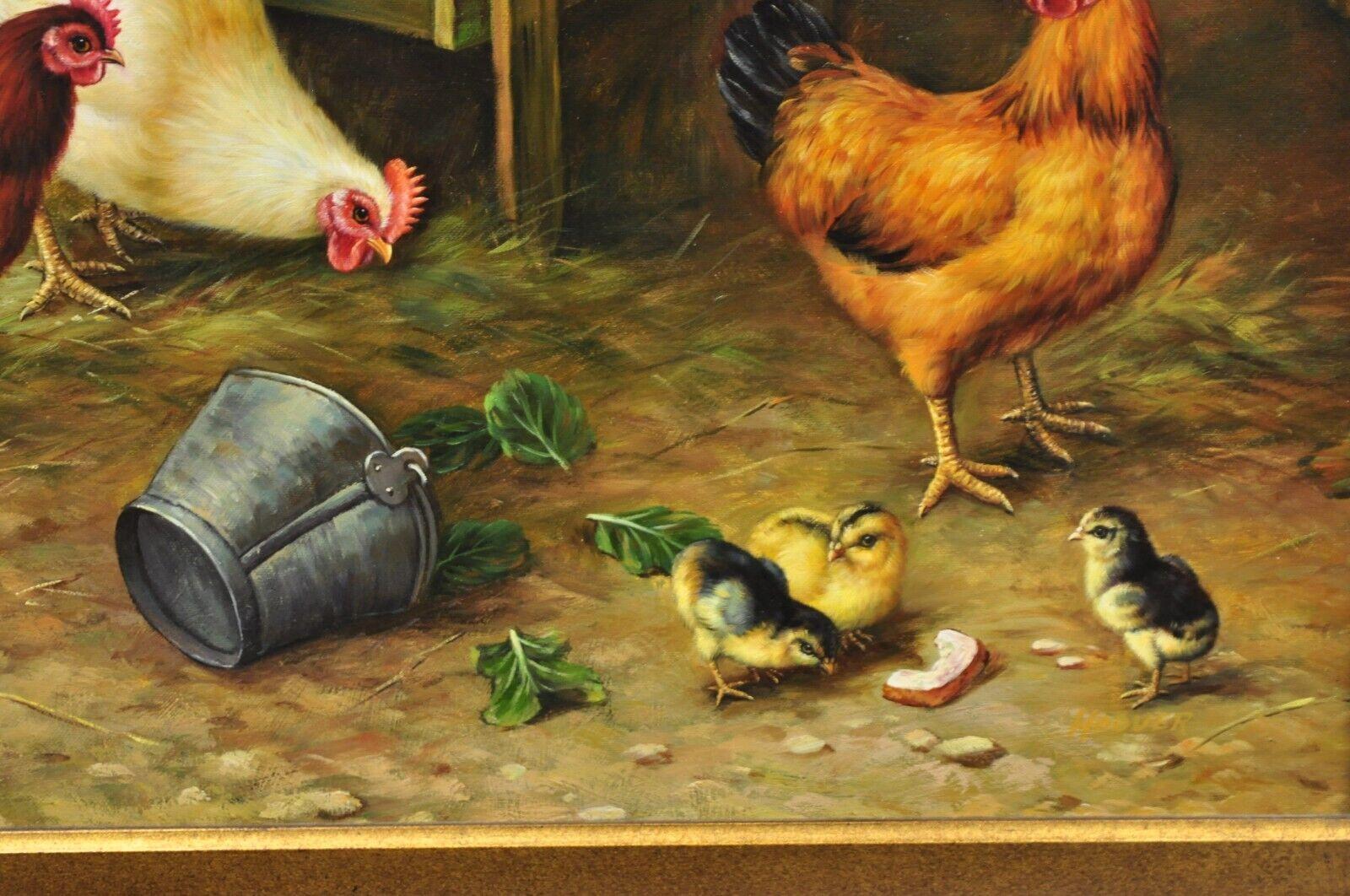Oil on Canvas Decorator Painting of Farm Hens and Baby Chicks, Gold Frame 2