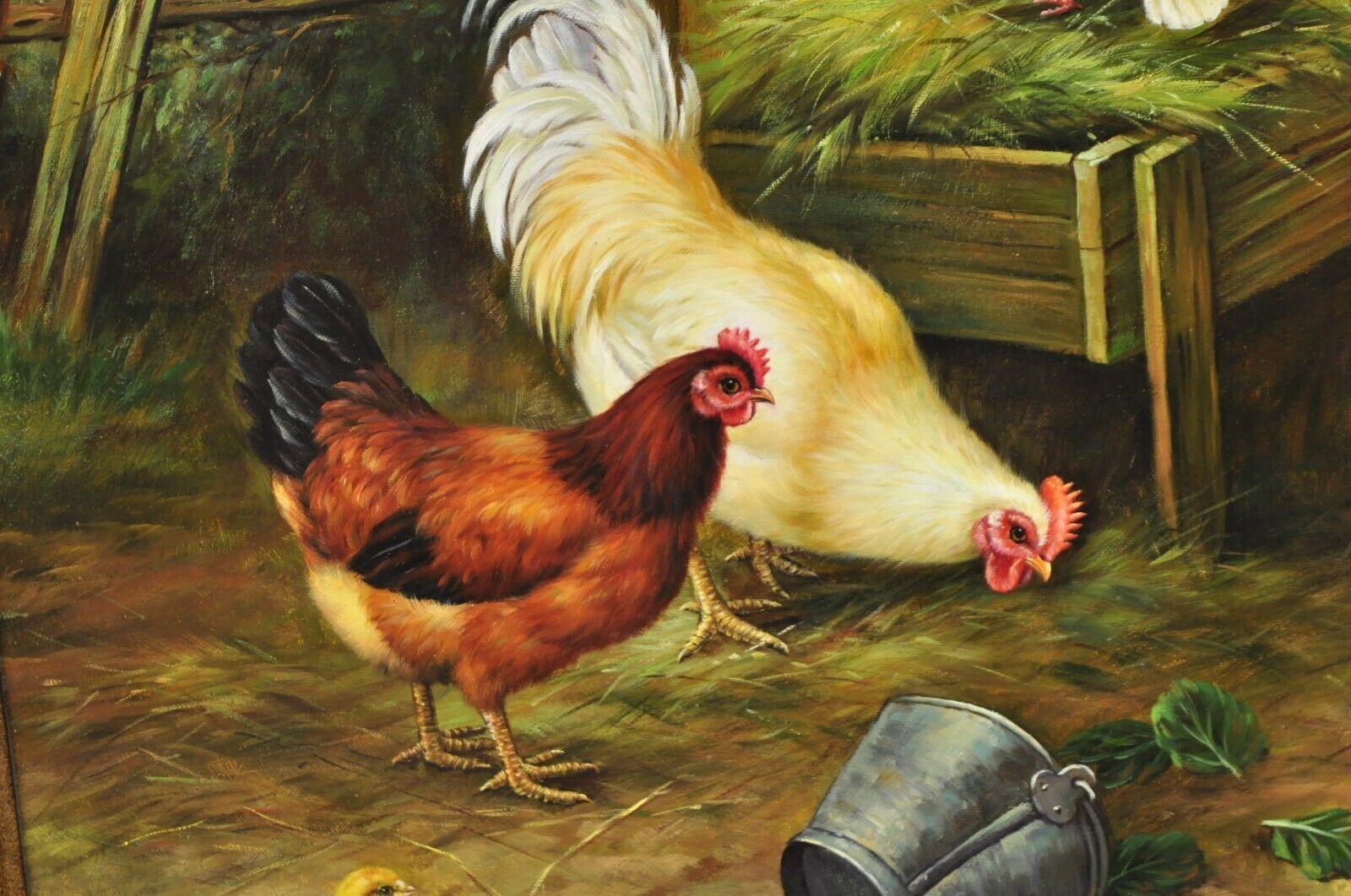 Oil on Canvas Decorator Painting of Farm Hens and Baby Chicks, Gold Frame 3