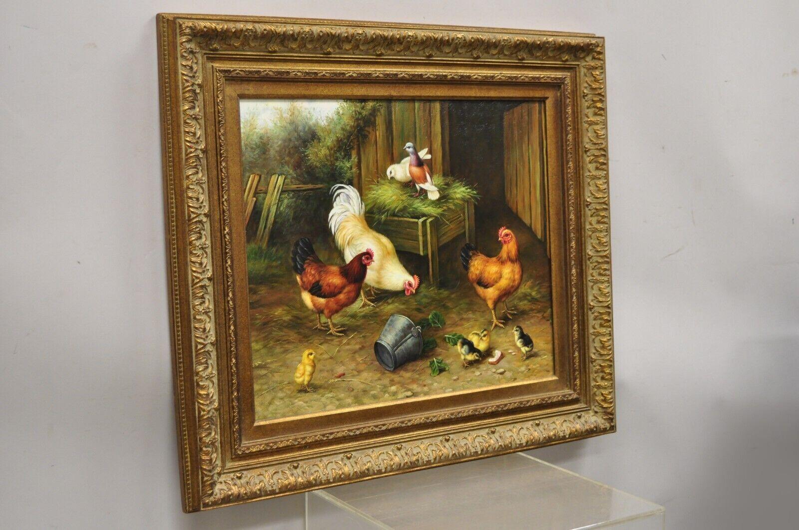 Oil on Canvas Decorator Painting of Farm Hens and Baby Chicks - Gold Frame. Item features oil on canvas, carved wood frame, farm scene of hens and baby chicks, unmarked. Circa Late 20th Century. Measurements: 29