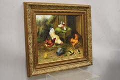 Oil on Canvas Decorator Painting of Farm Hens and Baby Chicks, Gold Frame