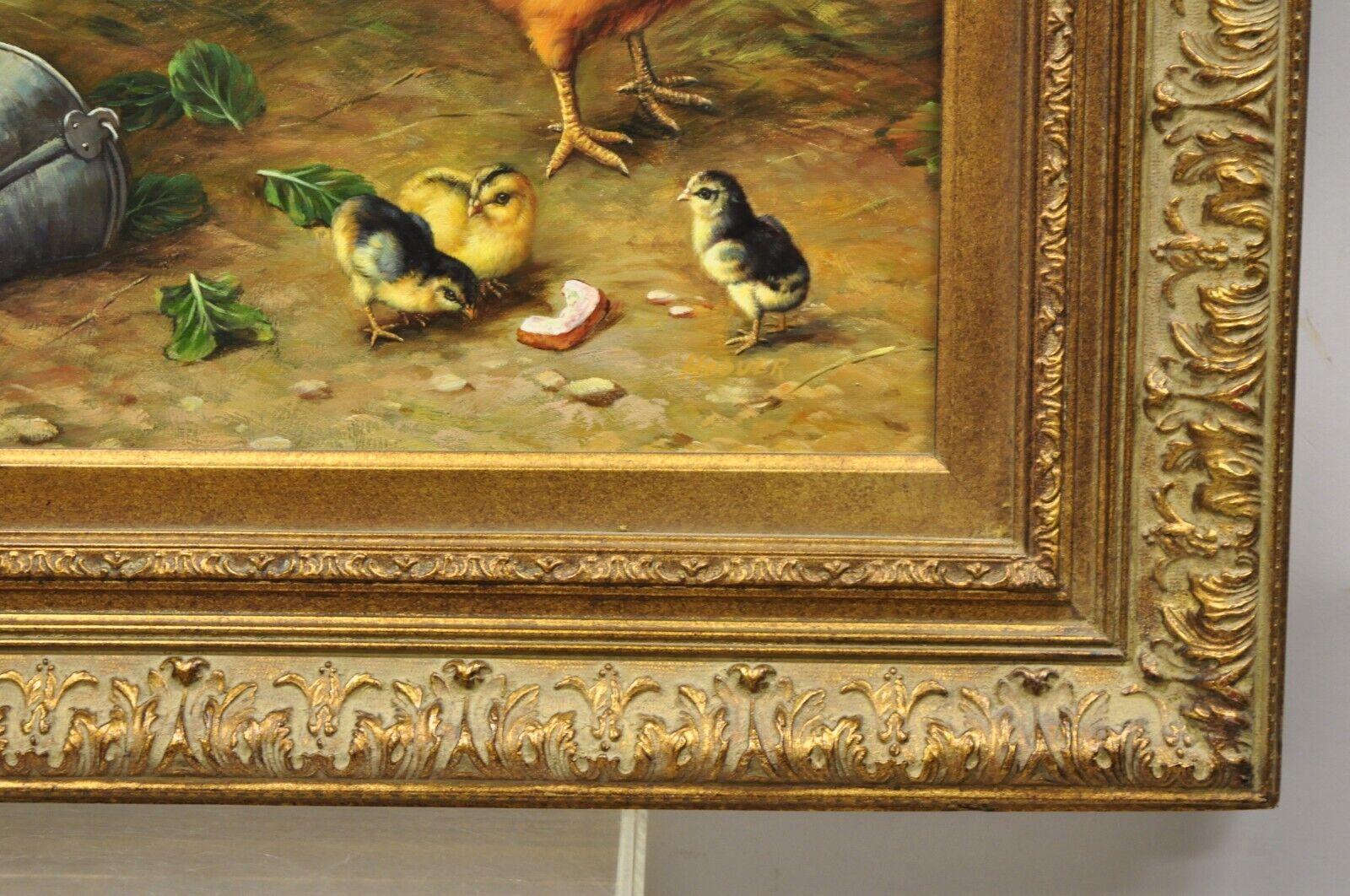 Oil on Canvas Decorator Painting of Farm Hens and Baby Chicks, Gold Frame In Good Condition In Philadelphia, PA