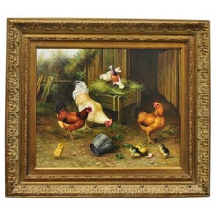 Oil on Canvas Decorator Painting of Farm Hens and Baby Chicks, Gold Frame